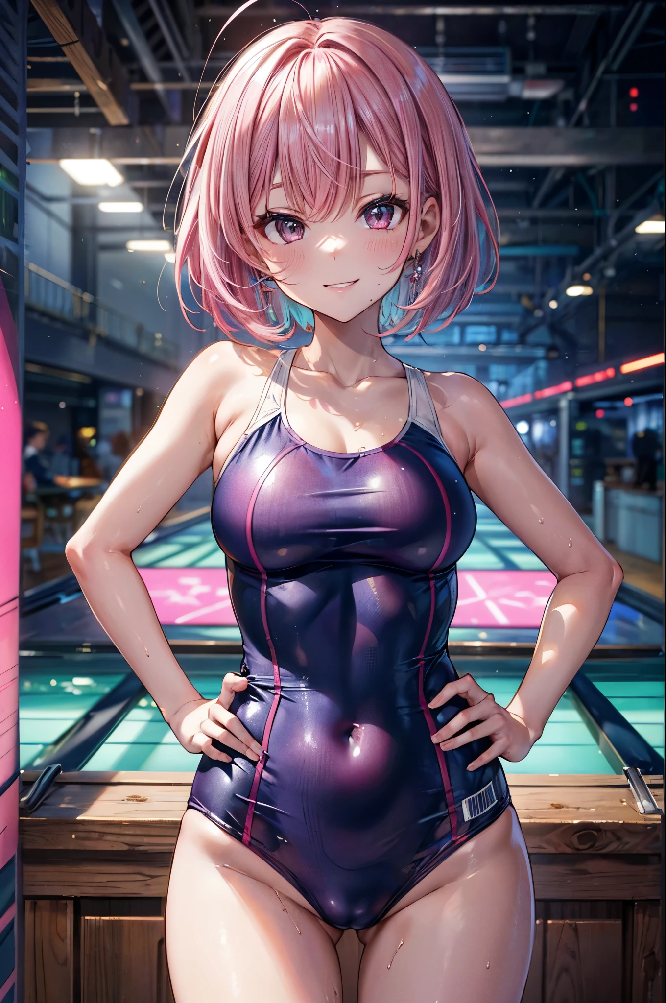 (school swimsuit), ((4 defined fingers)), ((1 defined thumb)), (looking at viewer), break, sexy, ((solo)), (1 woman), ((25 years old)), ((highest quality)), ((masterpiece)), (familiar), skindentation, perfect face, 8k , (cowboy shot), break, short hair, (((pink hair1.5))), bob cut, black eye, smile, thin thighs, medium breasts, perfect limbs, sexy, standing, ((hand on hip)),