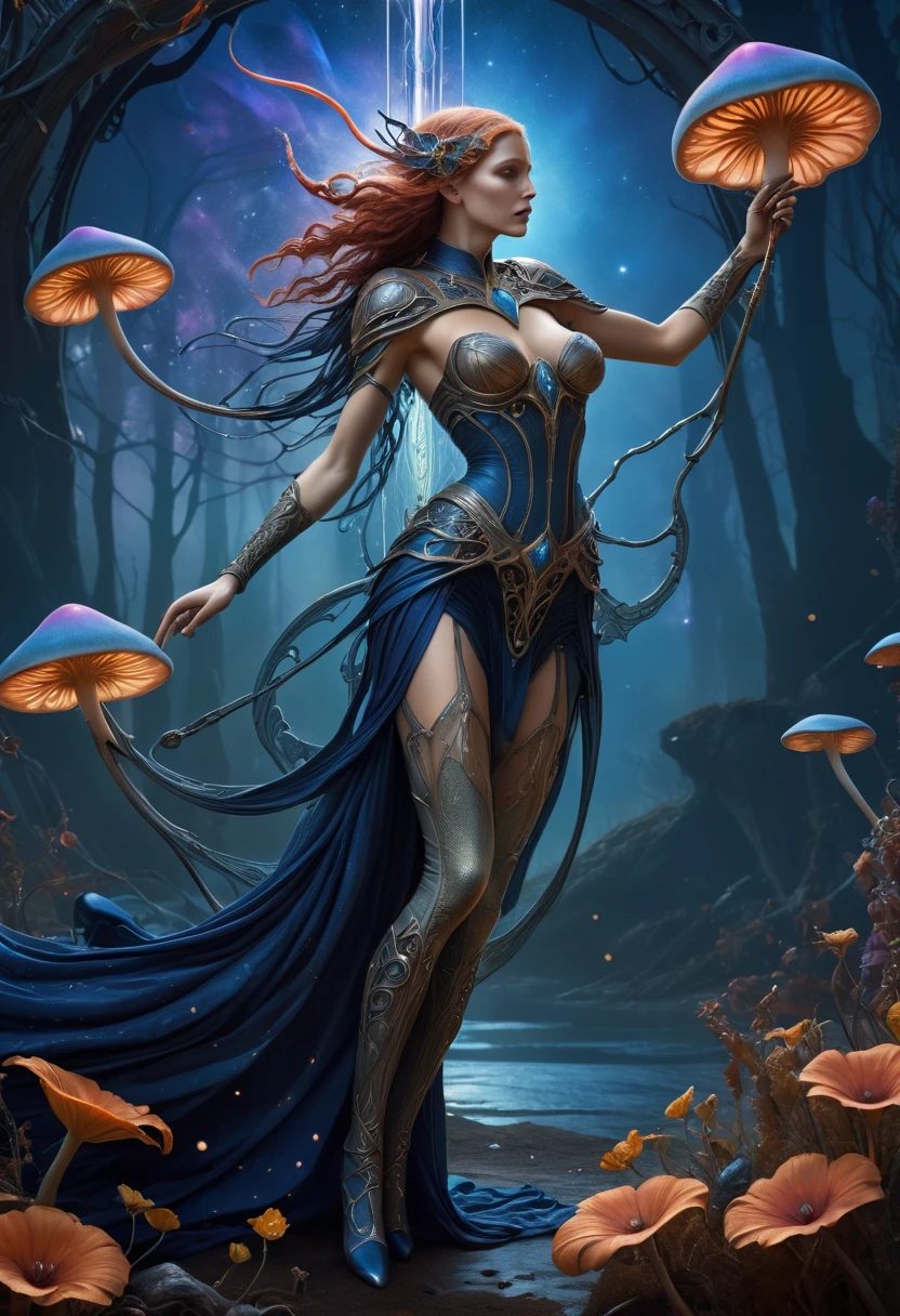 best quality,4k,8k,highres,masterpiece:1.2,ultra-detailed,realistic:1.37,HDR,UHD,studio lighting,ultra-fine painting,sharp focus,physically-based rendering,extreme detail description,professional,art nouveau,tarot card style, (2characters:1.6), dynamic angle, fierce face expression, Full body, alien female,(creatures from space), cyborg style,(An alien female is resurrecting a warrior from the dead:1.5), (she is raising the undead), (she is infusing spiritual energy into the warrior's corpse:1.37), (the warrior's corpse is lying on the ground), (several blood streams flows into the warrior's corpse:1.37), fractalized, android, glass exoskeleton,organic exoskeleton,alien flora,(bioluminescent fungi),vivid colors,silver and dark blue hues,trending on cgsociety,landscape,(horror),sci-fi,concept artists,bright and vibrant colors,dreamy lighting