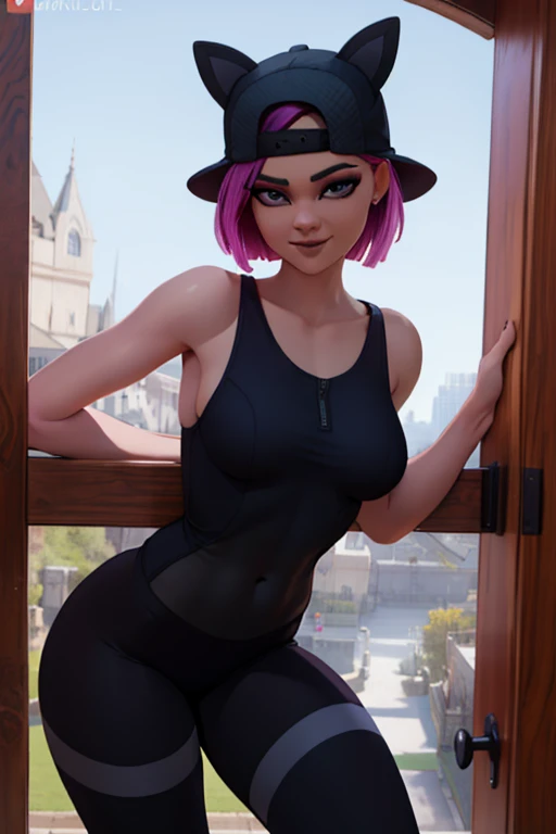 1 chica, (obra maestra), (Mejor calidad), de pie, (solo), mirando al espectador, alto detallado,Extremadamente detallado, Ojos finos, sonrisa,dynamic pose, pelo corto rosa,gorra,top corto, chaqueta,guante sin dedos,con curvas,bosque,anteojos,(leggins grises),(retrato:1.2),