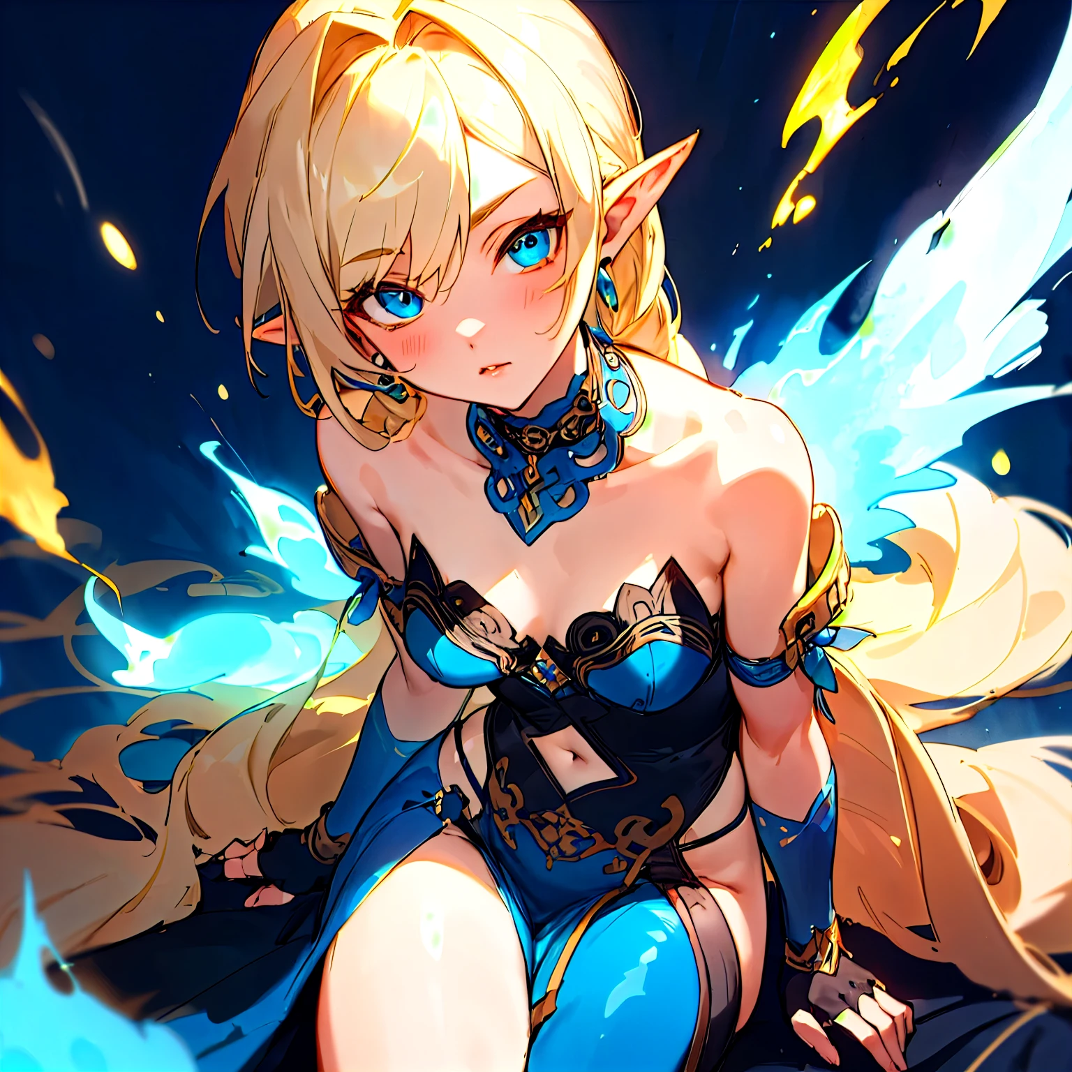 2D illustration, anime-style, beautiful girl, elf, (), blonde, blue-eyed, hair ornament, smiling, (((squatting with legs spread))), holding a magic wand in her right hand, open chest, see-through ancient style robe of ultra-thin fabric, entirely white, (The tips of the breasts are colored and raised and protruding))), (The entire chest is see-through)), (((without panties)), Floating hem, collar, bangle, anklet, sandal, ((person close-up, person looking up from below, crotch close-up, exposed sheer crotch), wet body, wet clothing, ancient ruins eroded by vegetation, waterside, water light, magic light, starry sky, wind blowing, ambient occlusion, halation