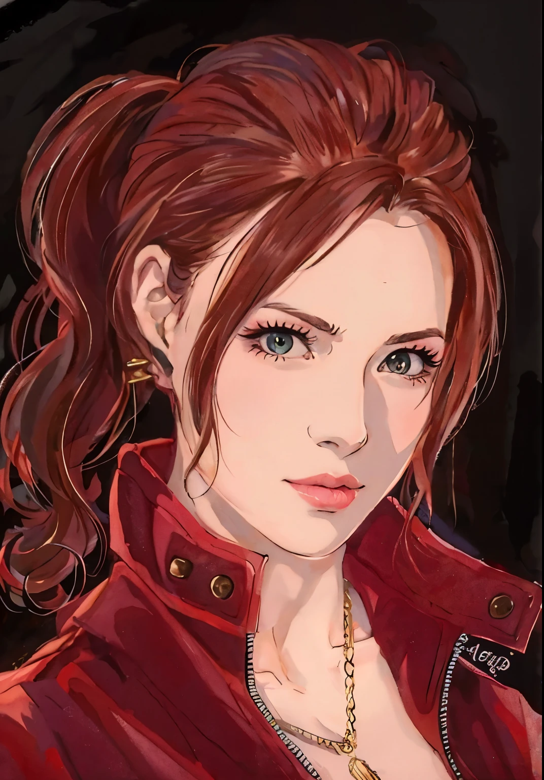 um close de uma mulher com uma jaqueta vermelha e colar, Aerith Gainsborough, retrato de arte de personagem, estilo de arte realista, retrato de alta qualidade, retrato de personagem em close, arte de retrato de personagem, fanart requintada altamente detalhada, Retrato de Artgerm, retrato glamoroso de aerith, beautiful Aerith Gainsborough, Retrato de RPG, close da arte do personagem, Retrato anime Kaya Scodelario