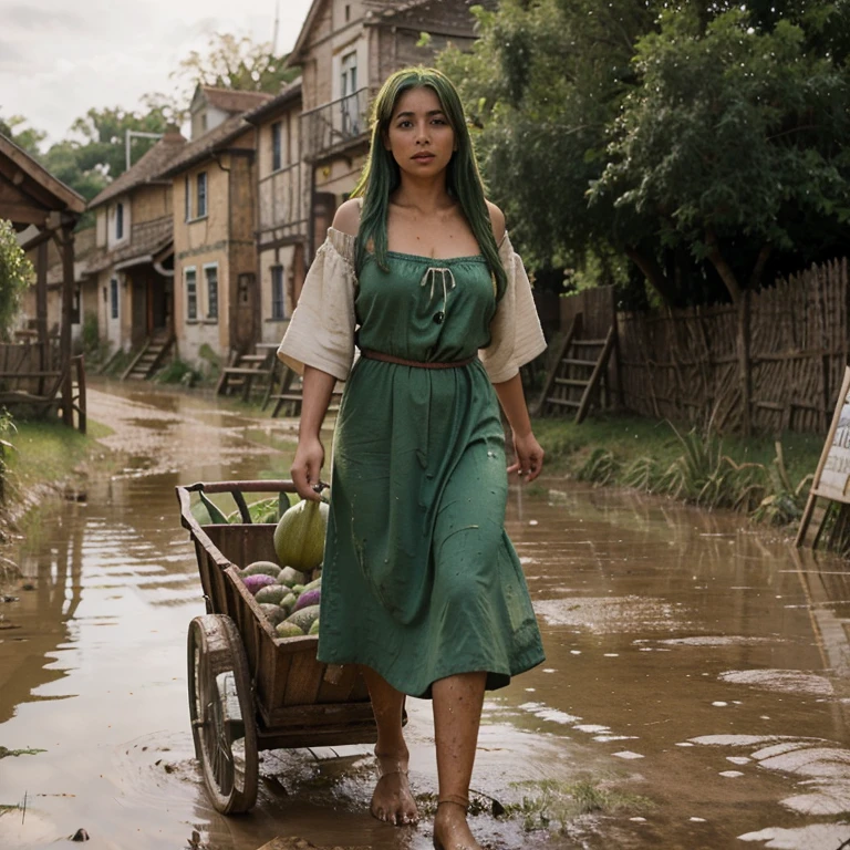 18 yo Green haired latina beauty in middle age peasant clothes walking in a muddy middle age village pulling a cart of muddy vegetables,  8k, uhd, pale skin with scars, detailed face, body, photo from front