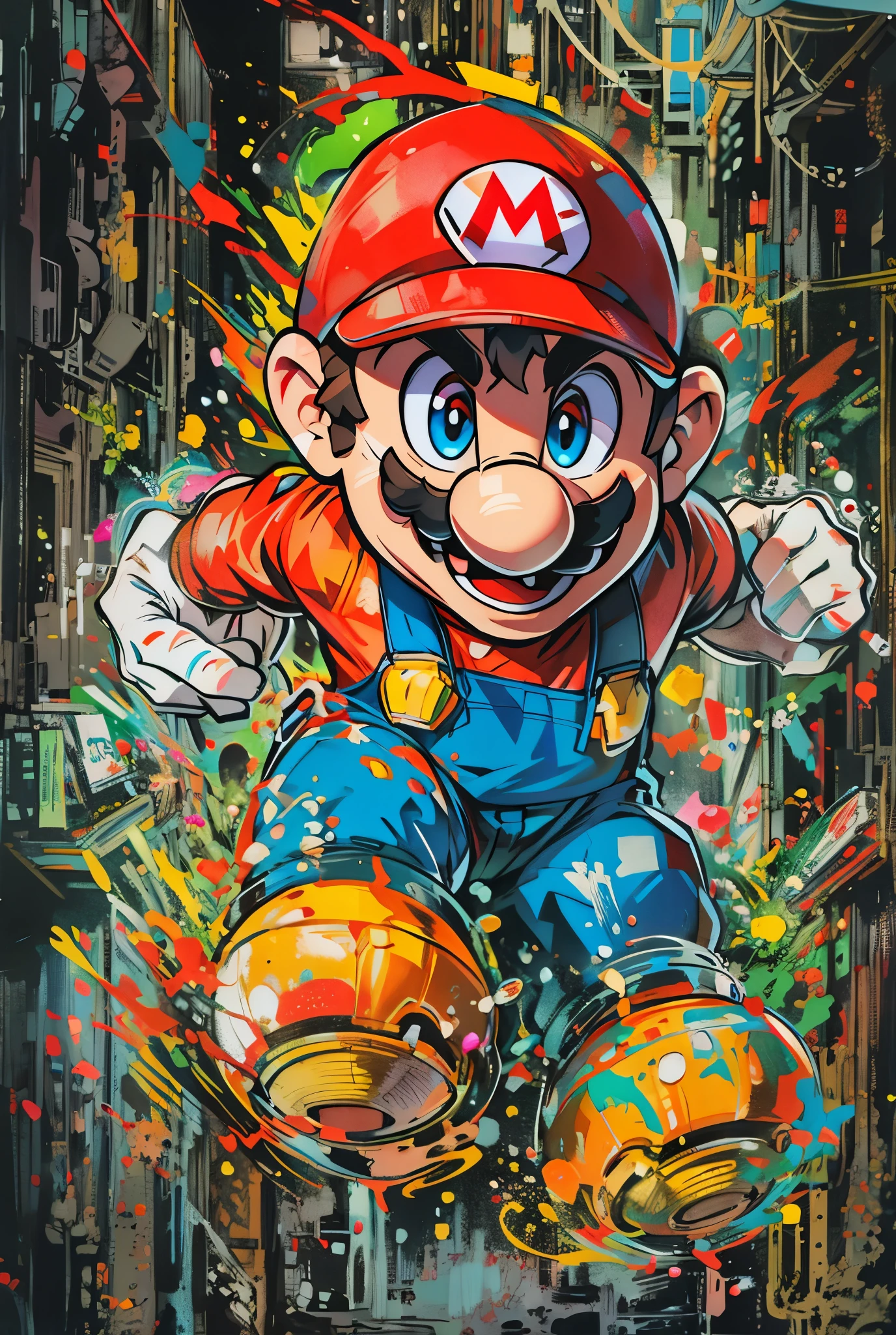 uma pintura de um personagem da Nintendo com respingos de tinta, portrait of super mario, super mario portrait, portrait of Mario, inspired by Mario Cooper, Mario fan art, inspired by Mario Dubsky, inspired by Mário Bardi, super mario, inspired by Mário Comensoli, nintendo game art, Mario rubbing, videogame art, video game art large oil canvas 128 multi colored.