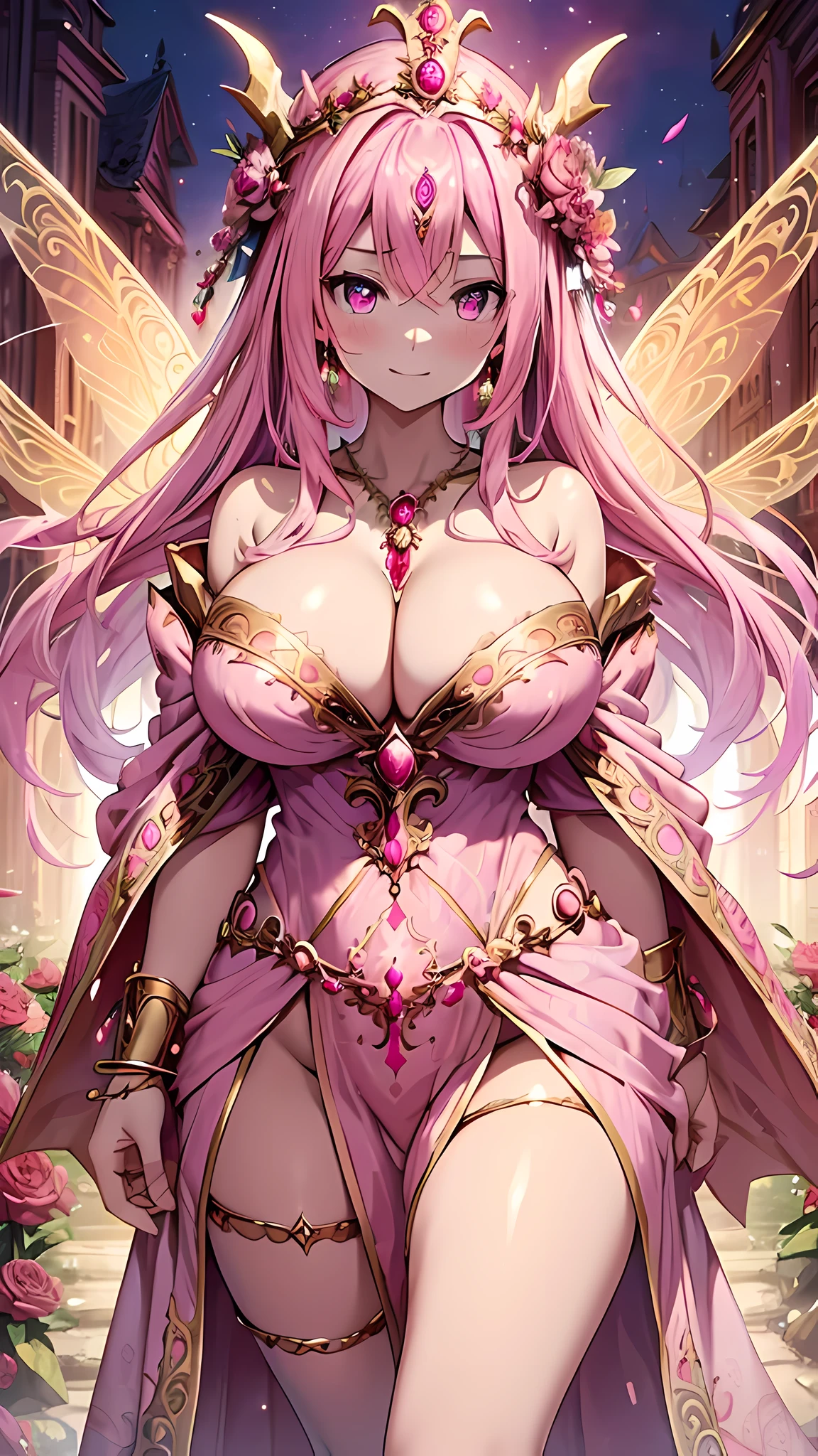 (masterpiece), best quality, expressive eyes, perfect face,(huge breasts:1.2),cleavage,(fairy queen:1.2),(pink and red ornate goddess robes:1.5),crystal pendant,circlet,earrings,armlets,bracelets,bashful smile,standing,sexy pose,fantasy scenary,golden staircase,heaven,(night:1.1),(starry sky 1:1),magic circles,holy magic orbs