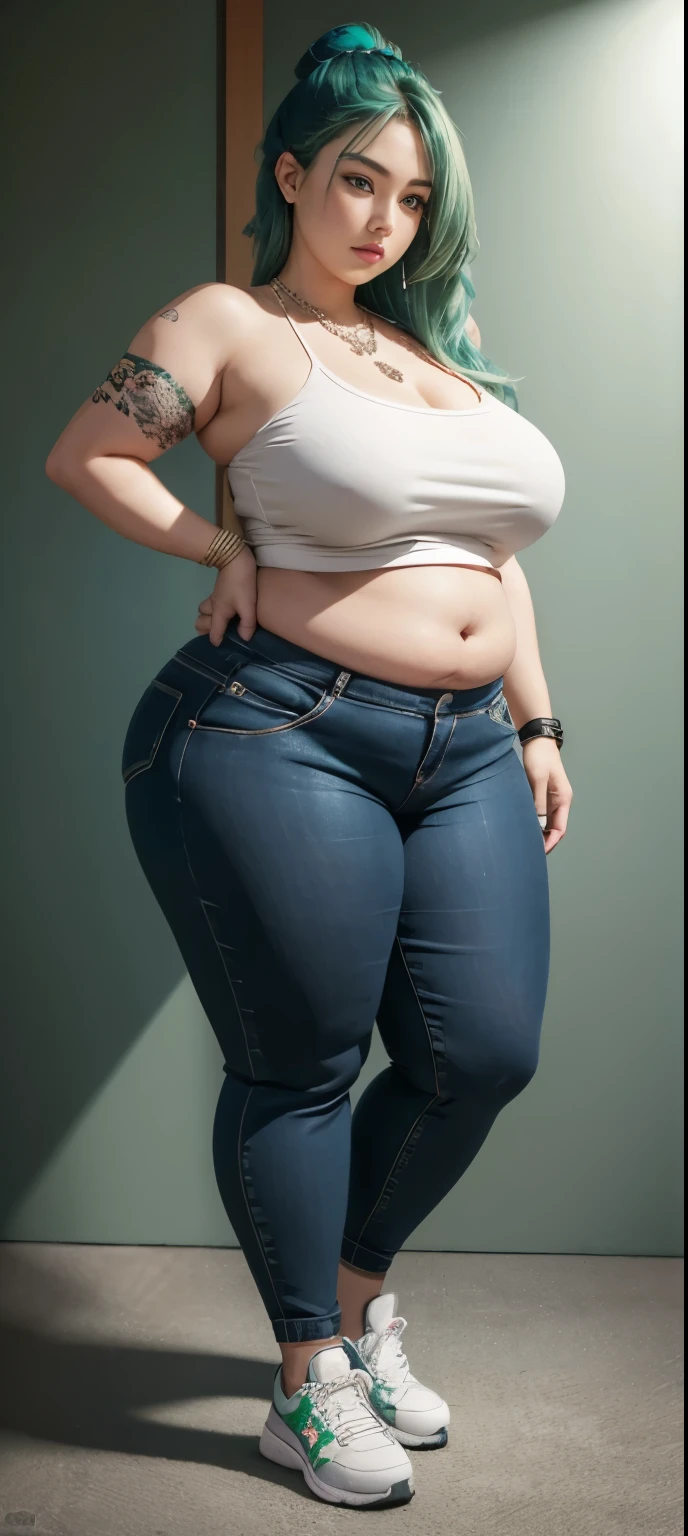photorealistic, high resolution, soft light,1women, solo, wide hips, (detailed face),tattoo, jewelry, , , blue and green hair Color , (closeup), wide angle,, (busty), armpit , Slightly fat belly, large breasts, full body angle, 45 years old woman , thick thighs , thick arms , standing in dark rooms, short pants, wearing a three bracelet, wearing two diamond necklace , wearing a watch, wearing airmax shoes , japanese goddess, wavyshort hairstyle, fat belly, thick fat belly, thick wide hips, thick arm, bbwchan, massive arm, full body, wearing long t-shirt that covered her belly