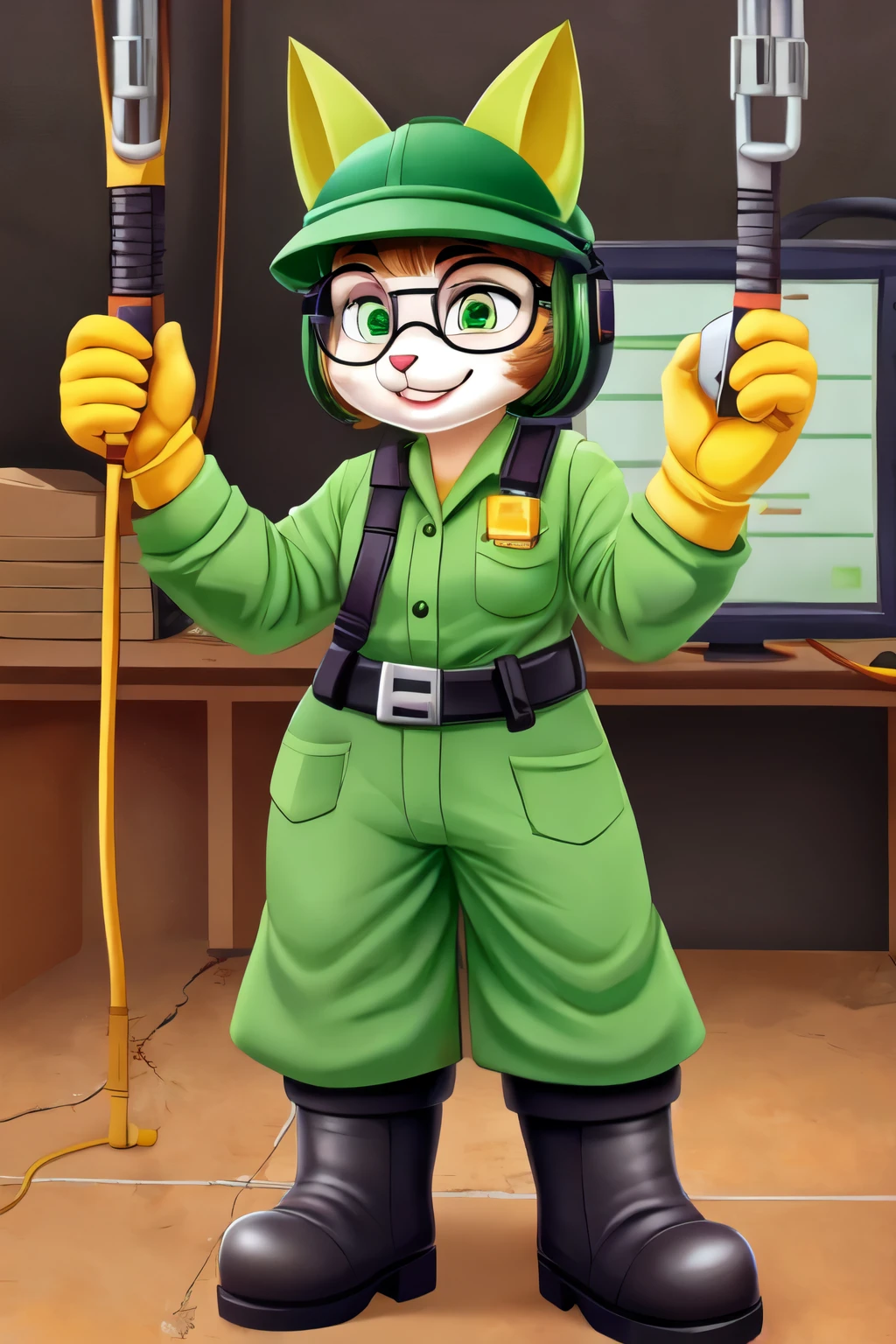 Gato, Workplace safety, capacete, luvas, oculos, bota, roupa verde