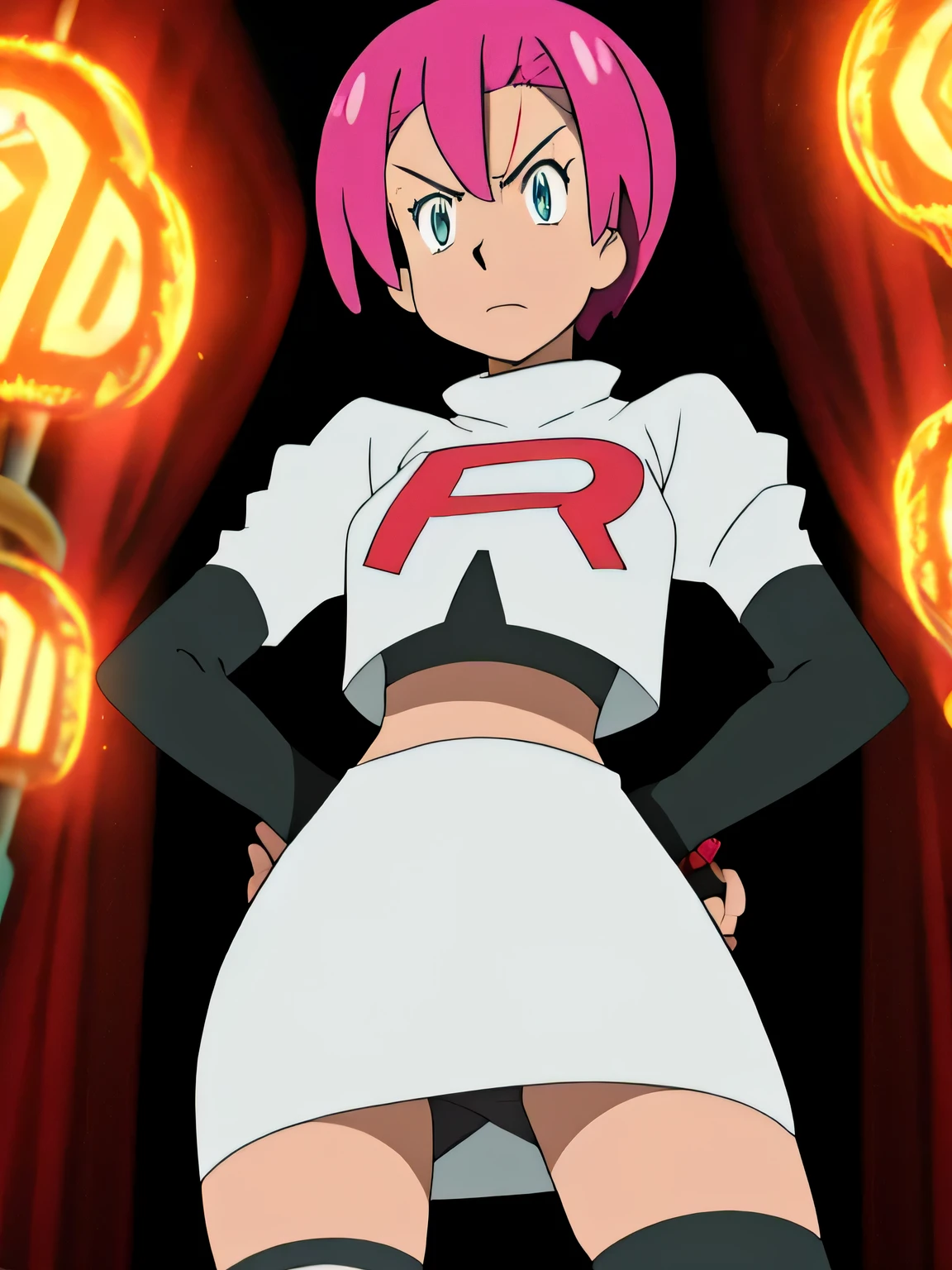 8k, masterpiece,highres,team rocket uniform, red letter r, white skirt,white crop top,black thigh-high boots, black elbow gloves, glaring angrily, looking down at viewer, hands on hips, cowboy shot, zettai ryouiki,from below, black panties,anime style, vivid colors, sharp focus, intense lighting,estelle