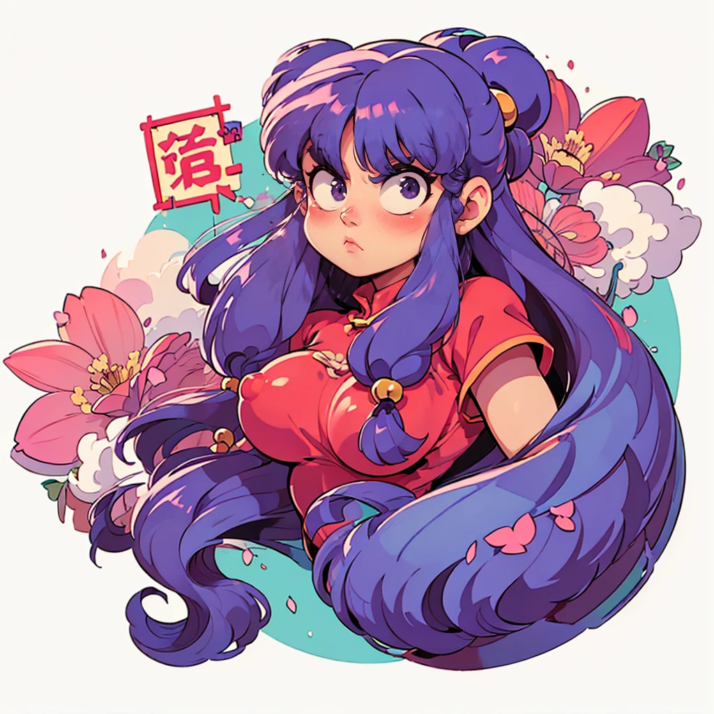 ((sticker-style illustration for print with 1girl, minimalism,)), simple background, clean:0.9, lineart, vector, shampoo \(ranma 1/2\), looking at the viewer, long purple hair, (eyes angry), Cherry blossoms for background, circle frame, no shirt, topless, breast bouncing, nice nipples, bouncing breasts, circle frame

