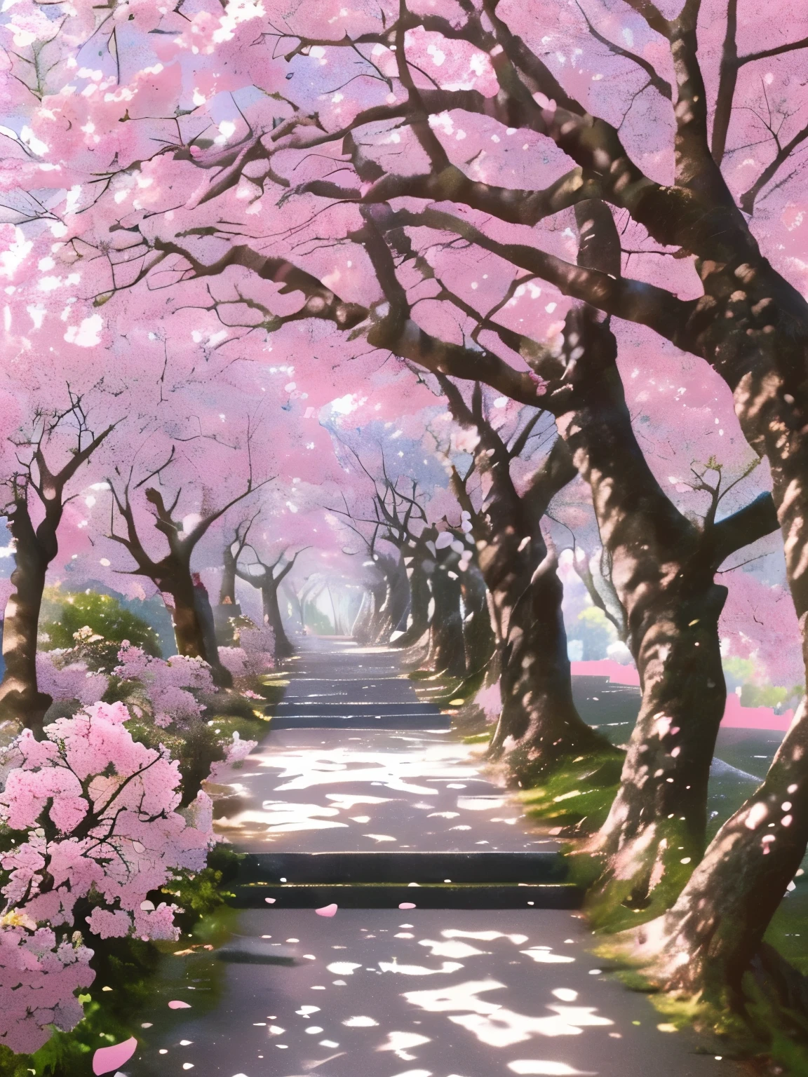 good morning, I hope you have a wonderful day today, The morning sunlight is dazzling, The cherry blossom trees are a mix of pink and green., The warm days are increasing