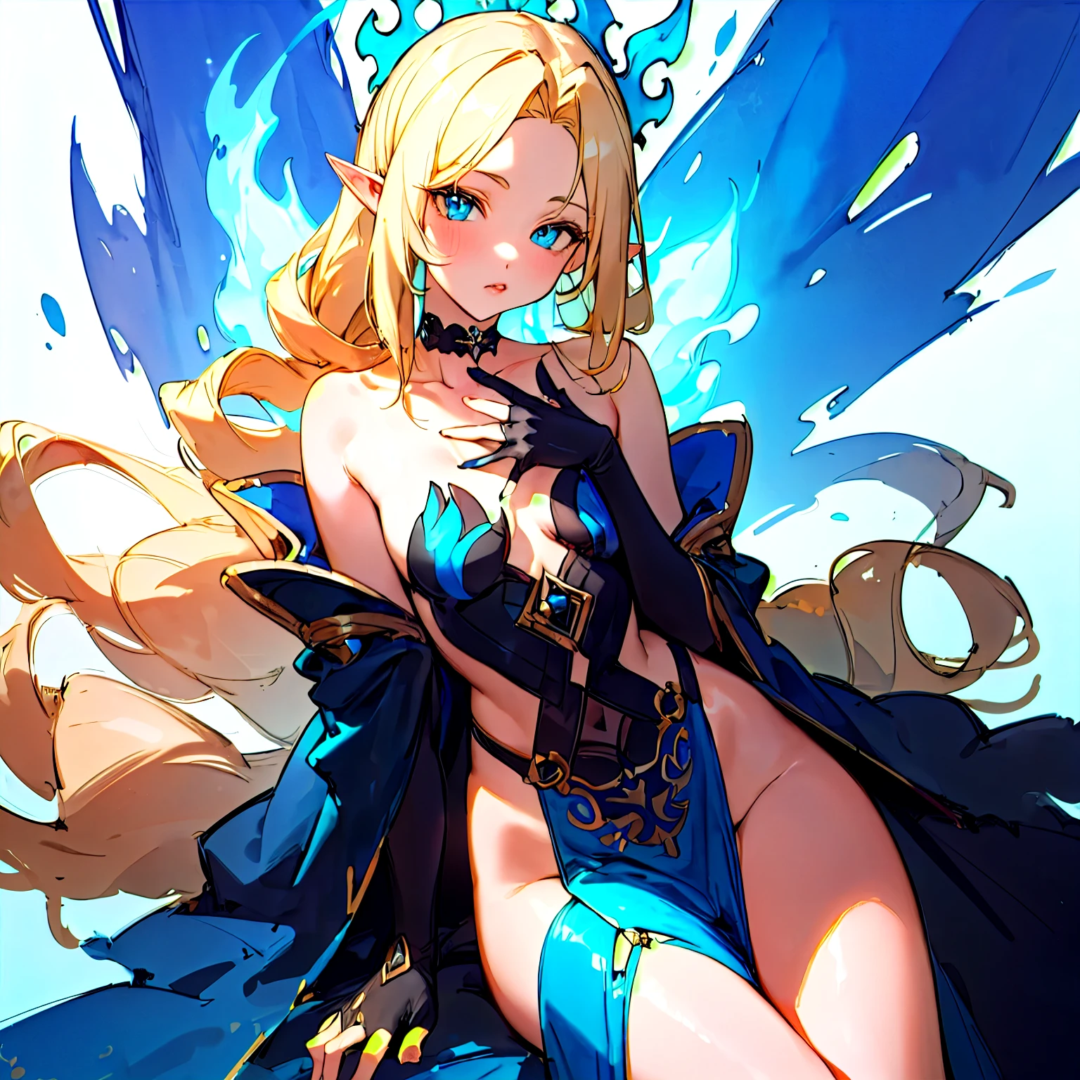 ((Sketch)), (Watercolor), 1girl, long blonde hair, drill hair,, light blue eyes, beautiful eyes, pointy ears, detailed lips, pout, choker, collarbone, bare shoulders, small breasts, wide hips, (black revealing clothes with blue ornate), (pelvic curtain), center opening, thigh gap, black fingerless gloves, (blue flames, blue fire background), hip dips, thick thighs, perky breasts, half body, close up, portrait, sitting down