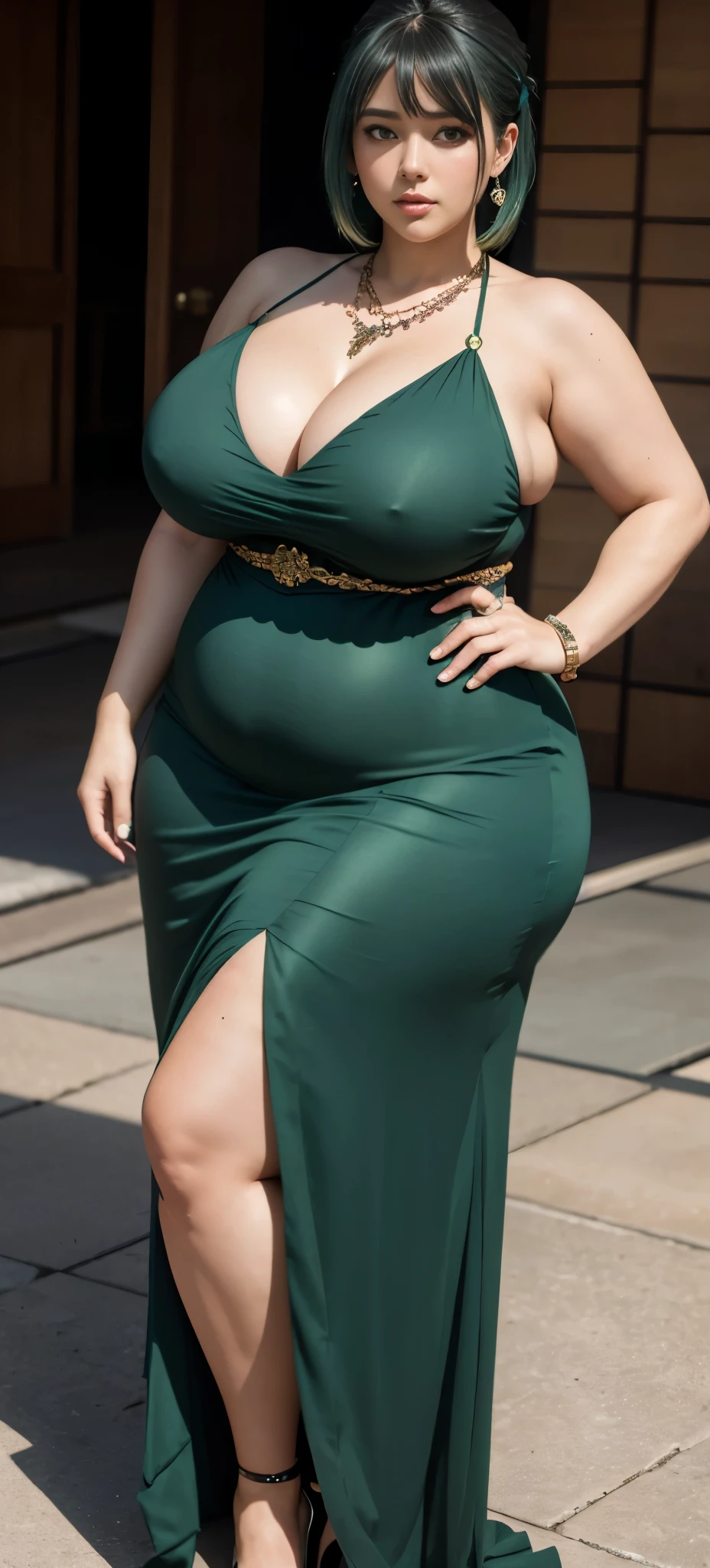 photorealistic, high resolution, soft light,1women, solo, wide hips, (detailed face),tattoo, jewelry, , , blue and green hair Color , (closeup), wide angle,, (busty), armpit , Slightly fat belly, large breasts, full body angle, 45 years old woman , thick thighs , thick arms , standing in dark rooms, dark-green long dress , wearing a three bracelet, wearing two diamond necklace , wearing a watch, wearing airmax shoes , japanese goddess, wavyshort hairstyle, fat belly, thick fat belly, thick wide hips, thick arm, bbwchan, massive arm, full body,, dark-green long dress