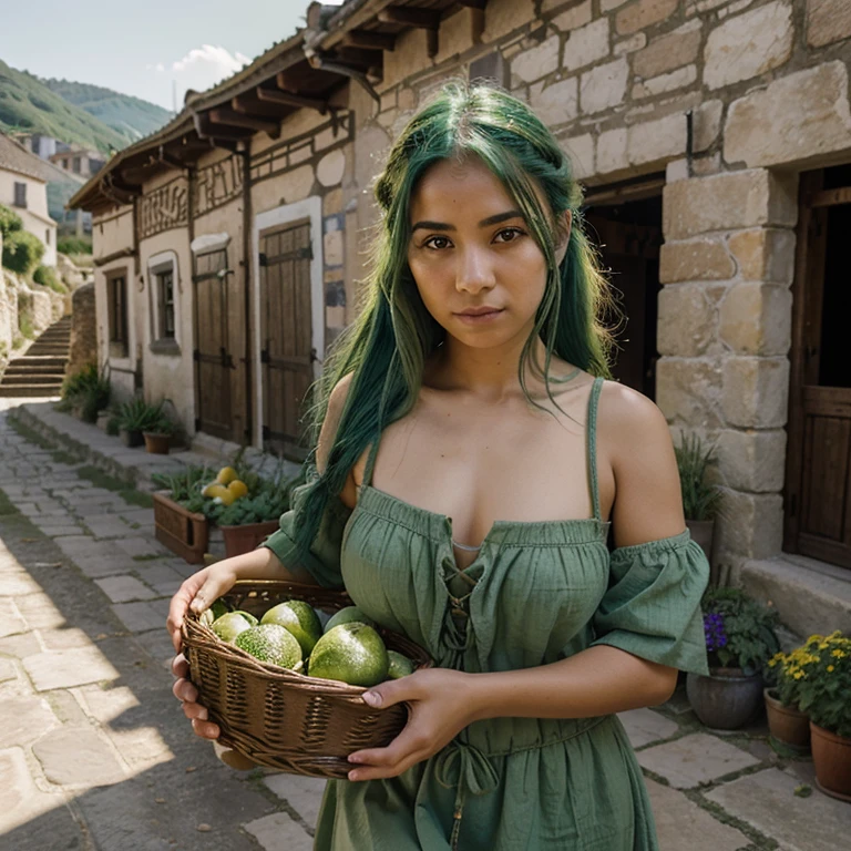 18 yo Green haired latina girl in middle age peasant clothes walking in a middle age village carrying a basket of vegetables, 8k, uhd, skin with scars, detailed face, body, photo from front