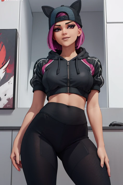 1 chica, (obra maestra), (Mejor calidad), de pie, (solo), mirando al espectador, alto detallado,Extremadamente detallado, Ojos finos, sonrisa,dynamic pose, pelo corto rosa,gorra,top corto, chaqueta,guante sin dedos,con curvas,bosque,anteojos,(leggins grises),(retrato:1.2),