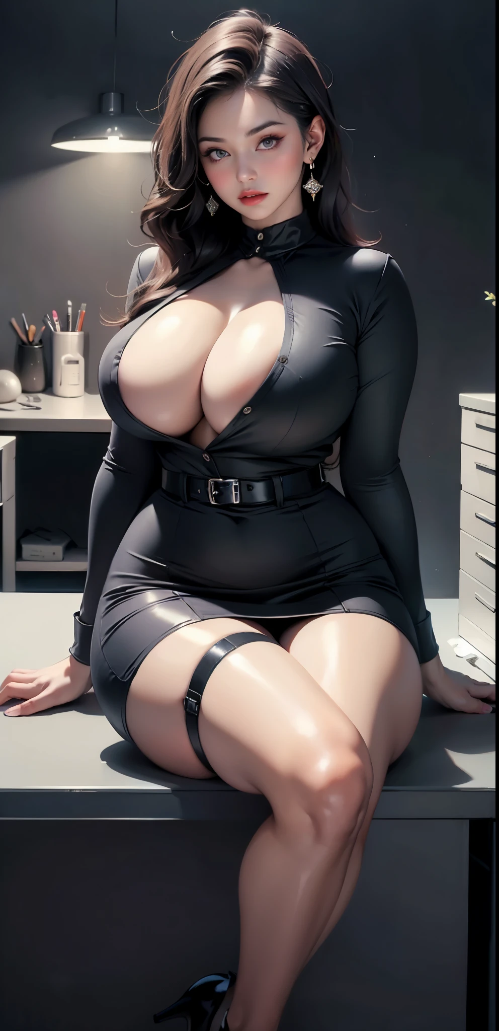 (Masterpiece, Best quality, High quality:1.4),  (Curvy:1.1), Sit cross-legged at your desk, Office, (Full body shot:1.1),
Long hair, lipstick, Makeup, Ultra Detail Hair, Ultra Detail Face, (Purple eyes:1.05), Perfect eyes, Perfect face, Earrings, (Confused, Blush:1.2), (a garter belt:1.1), pencil skirts, office uniform, high-heels,
(Large breasts:1.1), cleavage, Big ass, Thighs, black house background 