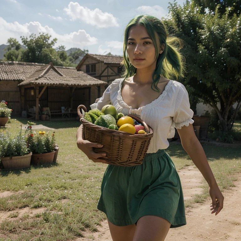 18 yo Green haired latina girl in middle age peasant clothes running from a horseman in a middle age village carrying a basket of vegetables, 8k, uhd, skin with scars, detailed face, body, photo from front