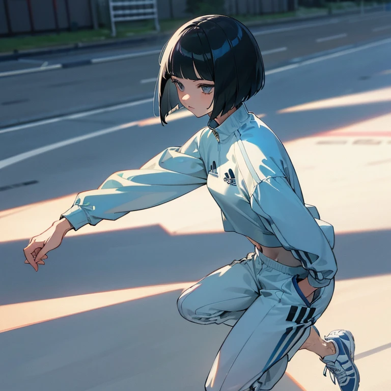 masterpiece、delicate details、tracksuit、Adidas Clothing、Athletics part、Slender beauty、Bangs Patsun、Cropped bob cut、