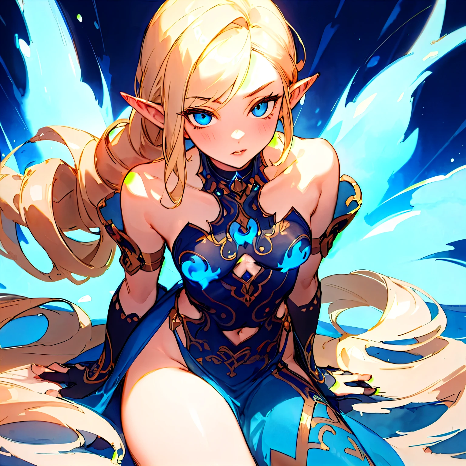 Sea elf with , beautiful, mature, milf with black hair, blue eyes and big breasts on UHD ice cave background, textured skin, super detail, high detail, high quality,
