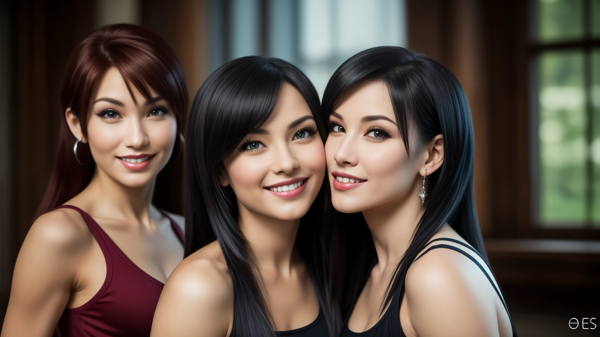 masterpiece,best qualtiy,hdr, hyper HD, 8K,Bokeh,Ultra-fine painting,Sharp focus,Physically-based rendering,Extreme detail description,full-body photo, perfect eyes, perfect hands, perfect body, perfect hair, (EOS R8, 50 millimeters, F1.2, 8K, RAW photo:1.2), photograph by arny freytag, rapunzel and pocahontas and tifa lockhart posing, sexy smile, (kissing:1.2)