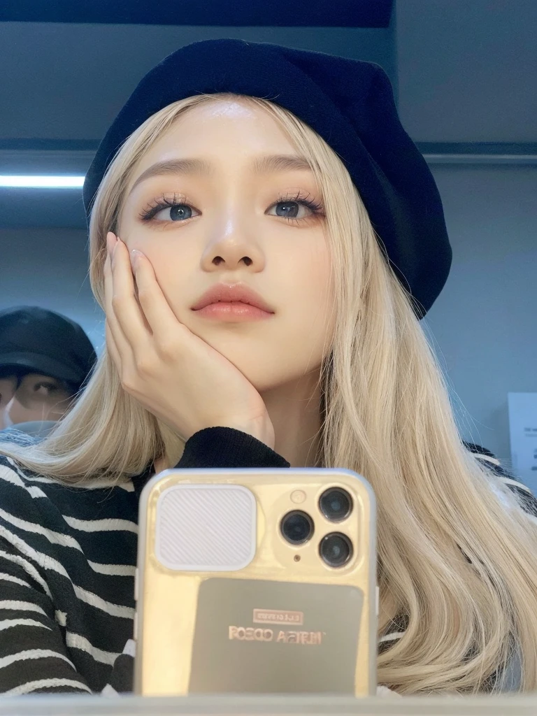 Arafed woman with long blonde hair holding a cell phone., roseanne park of rosa negro, jossi of rosa negro, portrait of jossi of rosa negro, rosa negro jennie, lalisa manoban of rosa negro, ulzzang, rosa negro, jisoo of rosa negro, jisoo from rosa negro, kim doyoung, Lalisa Manobal, maquillaje popular de corea del sur, Jaeyeon Nam