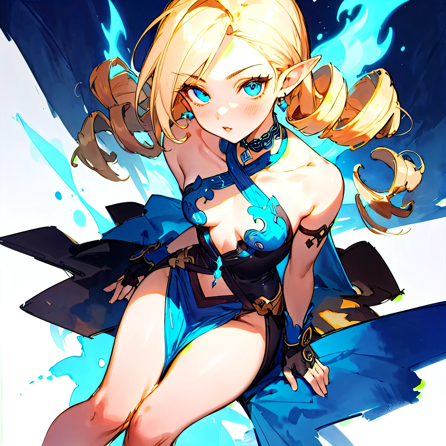 ((Sketch)), (Watercolor), 1girl, long blonde hair, drill hair,, light blue eyes, beautiful eyes, pointy ears, detailed lips, pout, choker, collarbone, bare shoulders, small breasts, wide hips, (black revealing clothes with blue ornate), (pelvic curtain), center opening, thigh gap, black fingerless gloves, (blue flames, blue fire background), hip dips, thick thighs, perky breasts, half body, close up, portrait, sitting down