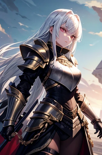 An evil girl warrior with medium length white hair and golden eyes wearing heavy black armor.