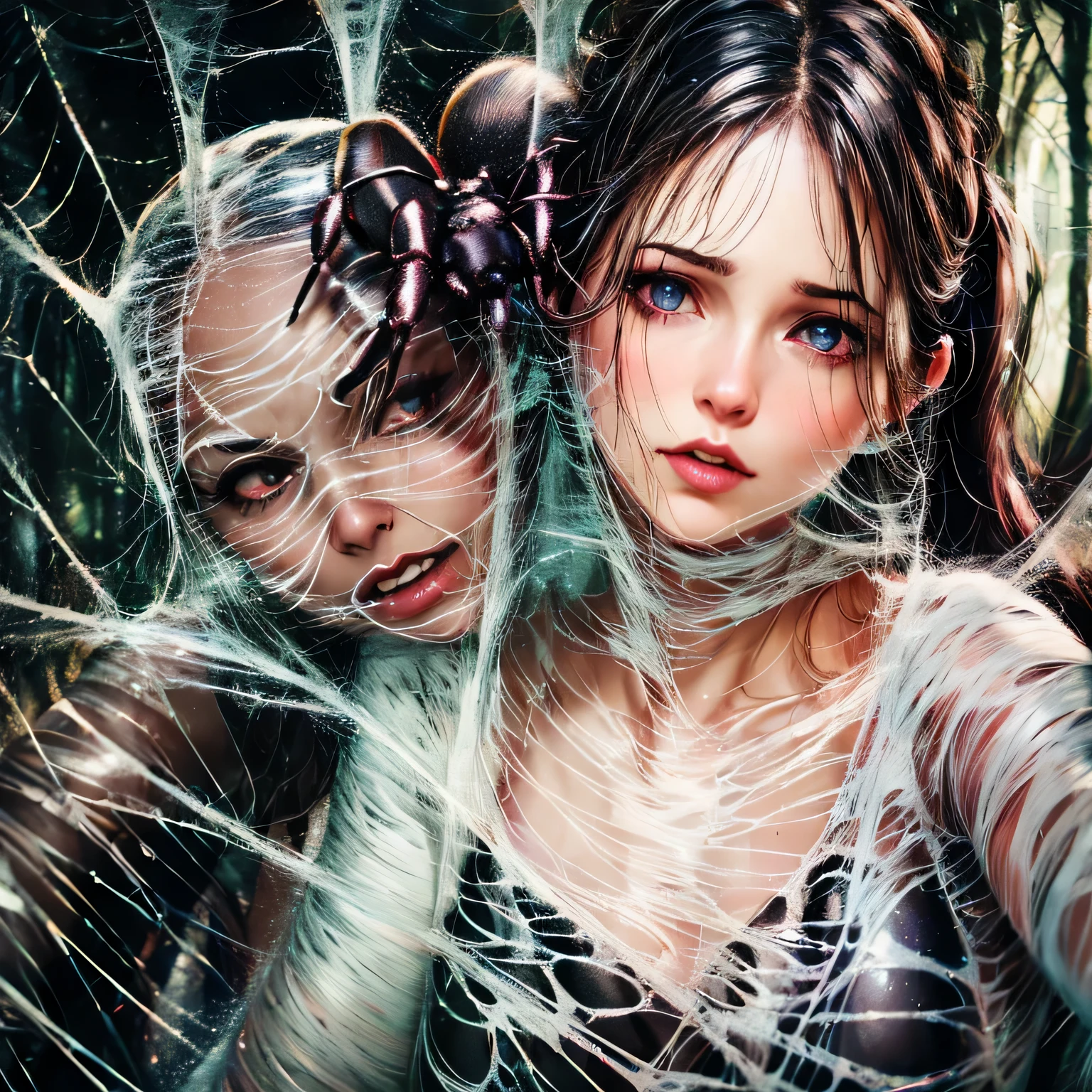 1girl,Spider weaves a net on a girl, very realistic, very detailed,bed,stretched, dark cave, struggle in the net,brown haired, very long sheer skirt,lying down,(blindfold:1.4),(ballgag:1.4)