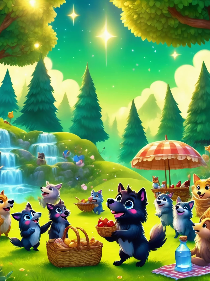 anthro, kemono, male, (chibi:1.2), ((adventure costume)), ((cute)), ((wolf) fluffy fur, fluffy), detailed face, detailed eyes, (close up:1.5), (happy, excited), (at lawn forest:1.5), group shot, detailed background, (high quality, highres, masterpiece), (dynamic lighting, vivid color), (high-angle view:1.1), (picnic:1.5), (evening)