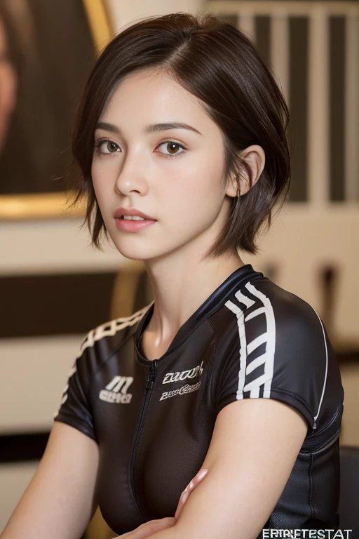 ((top-quality、8K、masterpiece: 1.erfect Body Beauty: 1.4、Slender Abs: 1.2、Beautiful woman with slender abs:1.3、(Highlight Haircutreast B Cup:1.2), medium breast, round shape breast, perfect shape breast, ((racing suit)) ), necklace, hyperdetailed face、18year old、 Pretty women、(Dark brown short-cut hair), Slim Face、Highly detailed facial and skin texture、very detailed lips、opens legs、top-quality、masterpiece、超A high resolution、(Photorealsitic:1.4), walked forward confidently, long shot , studio background