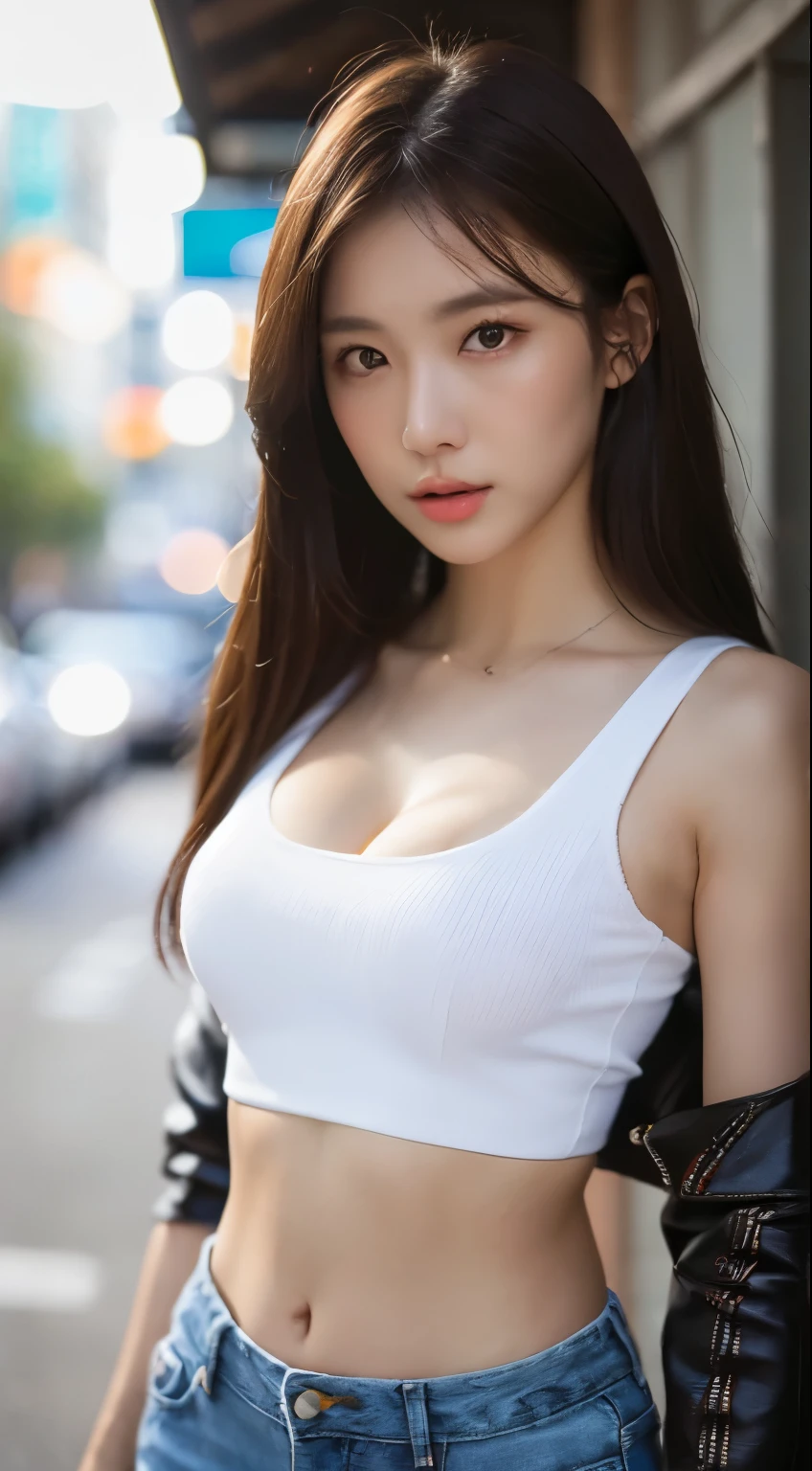 ((realistic lighting, highest quality, 8K, masterpiece: 1.3)), clear focus: 1.2, 1 girl, perfect figure: 1.4, slim belly: 1.1, (((dark brown hair)), (white crop top: 1.4), (outdoor, night: 1.1), street, super slender face, narrow eyes, double eyelid,big breasts,cleavage