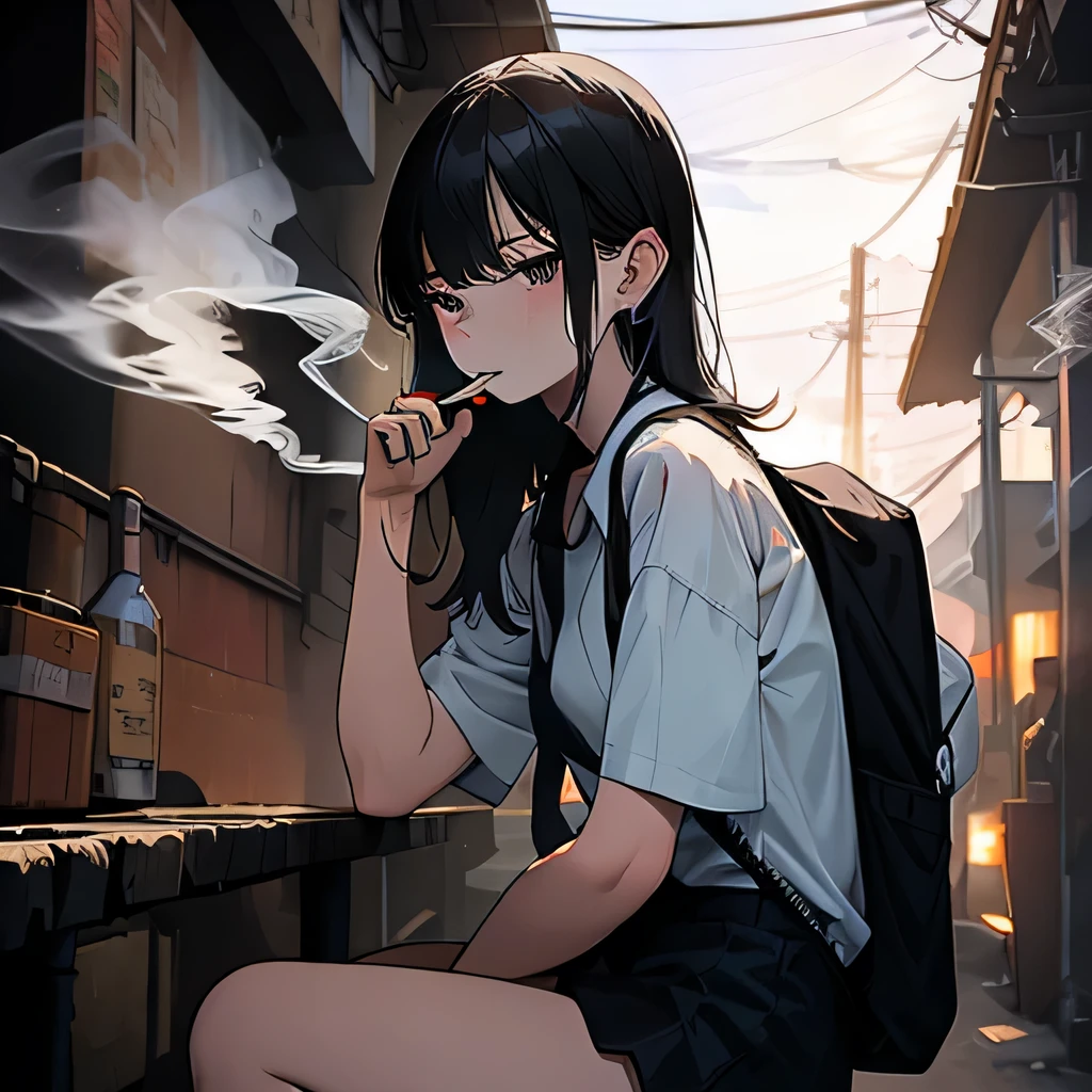 Student, uniform, smoking, white shirt, tie, rebel, slim, backpack, a lot of smoke, flat, black skirt, pretty face, beautiful, long hair, face focus, pretty face
