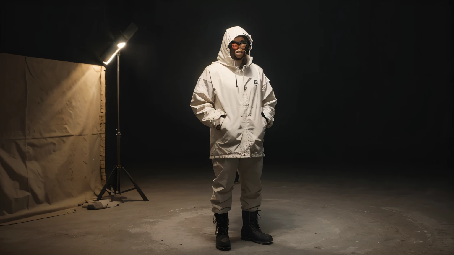 SCP-1529 King of the Mountain, from SCP lore, it appears to be of average height and weight and is dressed head to toe in what resembles standard mountaineering wear and boots, colored white; SCP-1529's face is entirely obscured by the hood of its parka and what appears to be an oversized pair of opaque black mountain goggles, SCP-1529 is humanoid, flat color center, Character design sheet, painted by Makoto Shinkai, trending on Artstation, blurred background, highly detailed, wide angle shot, full body, 3d render, psychedelic digital art, Unreal Engine 5, filmed in 2077, grainy, simplistic, amazing composition, sci-fi, slightly cinematic lighting