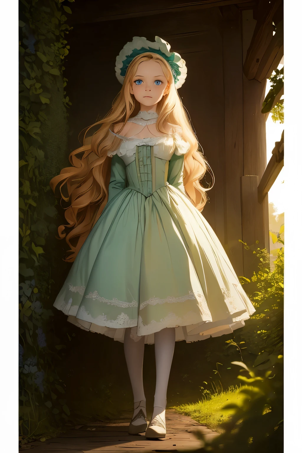 wide angle, detailed reproduction of a forest surrounded by fog up to a height of one meter. clear starry sky with a big full moon, bare trees, winter, two girls, (Virginia Otis, (blond hair, blue eyes)) pose with (16 years oldald (blond hair, green eyes)). Victorian style. thin, cute face, walks at night in Canterville Castle (inspired by the novel The Canterville Ghost). aged 1887, Victorian fantasy