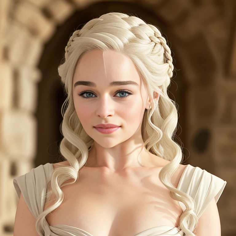 Masterpiece, best quality, detailed face, Emilia Clarke, platinum hair, white dress, pelvic curtain, posing near a castle, looking at viewer, sexy smirk face