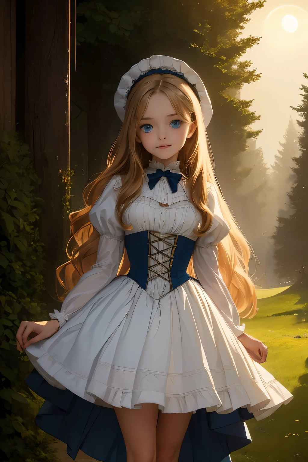 wide angle, detailed reproduction of a forest surrounded by fog up to a height of one meter. clear starry sky with a big full moon, bare trees, winter, two girls, (Virginia Otis, (blond hair, blue eyes)) pose with (16 years oldald (blond hair, green eyes)). Victorian style. thin, cute face, walks at night in Canterville Castle (inspired by the novel The Canterville Ghost). aged 1887, Victorian fantasy