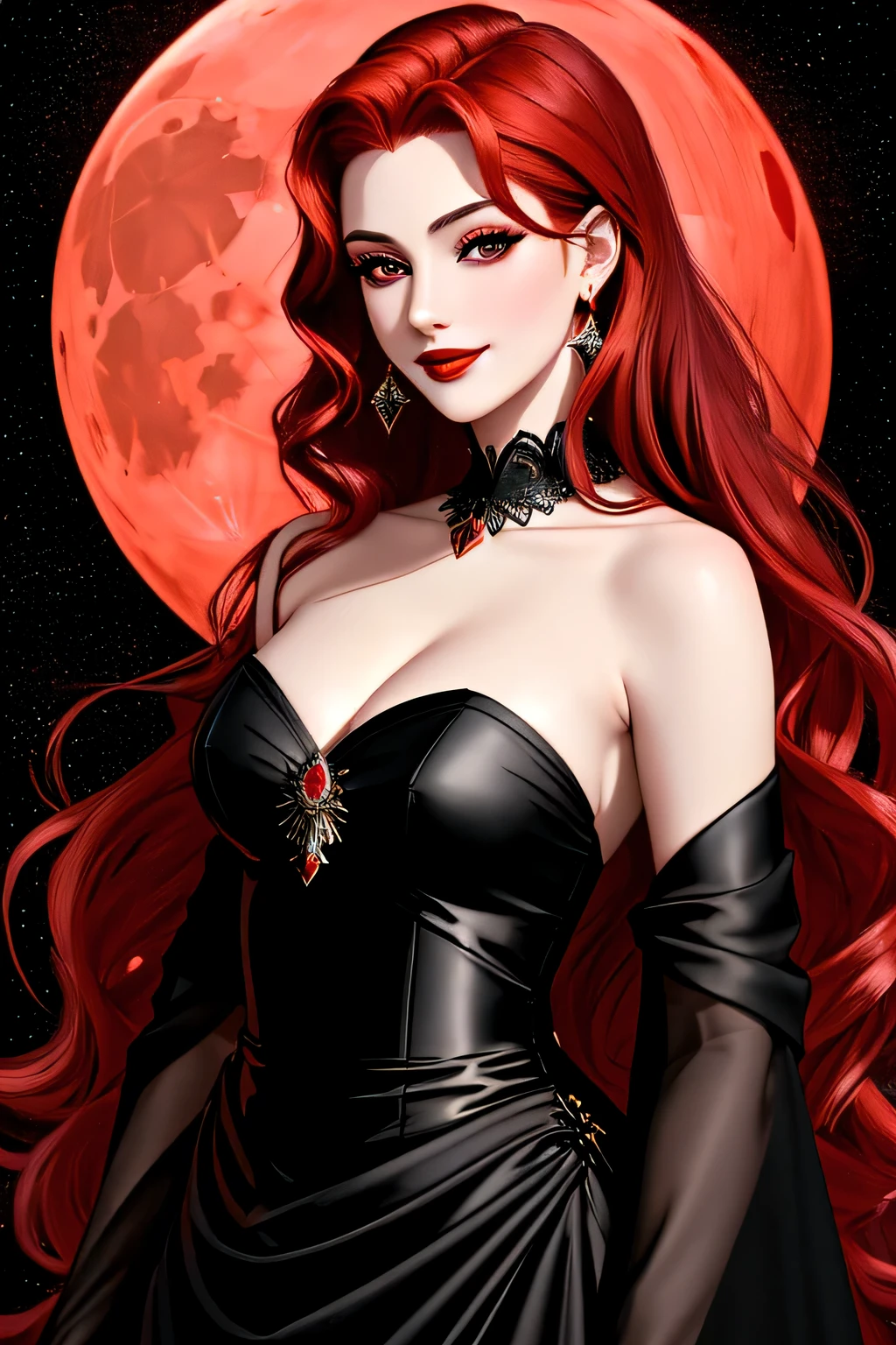 (Masterpiece, Best Quality:1.3), absurdres, (8k resolution), illustration, ((outline, thick lineart)), (faux traditional media:1.3), looking at viewer,(masterpiece,best quality),HDR,high-definition,[[Intricate Details]],cinematic,photorealisticportrait shot, ((vivid red hair)), mature woman, 30 years old, diamond face, moonlight, red starry sky background, depth of field, magic, big red lips, ((dark black eyes)) black and red long and full dress, covered chest, mystical atmosphere, smile expression, posing, taut and well defined body, attractive. Highly realistic, pale skin, beautiful, hyperrealism, skin very elaborated, direct gaze
