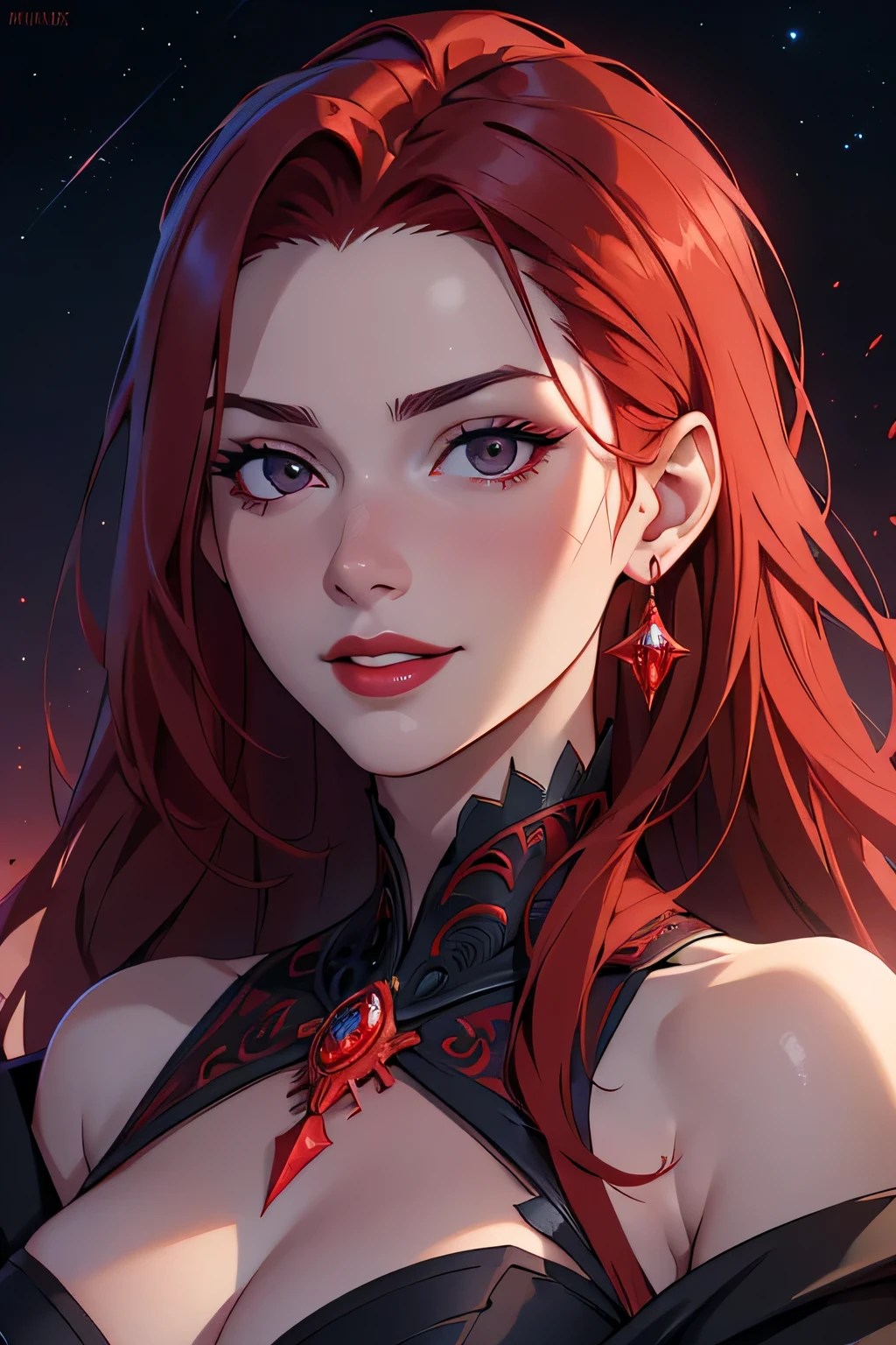 close up face, portrait shot, ((vivid red hair)), european face, sexy, mature woman, 30 years old, diamond face, moonlight, red starry sky background, depth of field, magic, big red lips, ((dark black eyes)) black and red long and full dress, covered chest, small breast, mystical atmosphere, ominous shadows, Intense blue aura, Intense red aura (best quality:1.2), absurdres, intricate details, (highly detailed skin:1.2), smile expression, dynamic poses, taut and well defined body, attractive. Highly realistic, pale skin, beautiful, hyperrealism, skin very elaborated, direct gaze