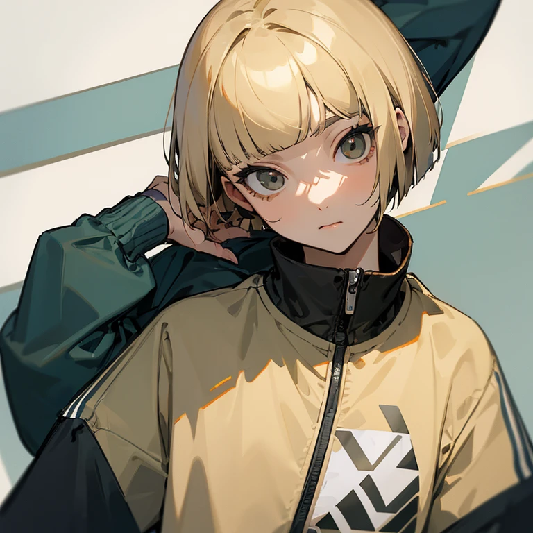 masterpiece、delicate details、tracksuit、Adidas Clothing、Athletics part、Slender beauty、Bangs Patsun、Cropped bob cut、The top of the head is black with a gradation of blonde hair.