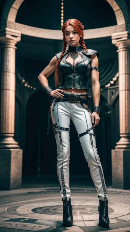 Ultra detailed realistic photo, a European forty year old woman with Latina facial features in a full body pose, hairstyle redhead with a shieldmaiden braid and undercut, detailed green colored iris eyes bright, subtle make-up, clothing White leather vest etched with lace and many metal buckles in the Gothic style with white leather pants etched with lace and inserted mesh fabric and many metal buckles, a white wide waist belt with a large red rose printed on it, high heels boots in white with red laces, clothing in a modern Gothic style, full body pose dancing in front of a Gothic fountain, full body pose at night and the picture is included illuminated by magical torches, body figure tall with long legs and athletic with medium cup size, body and face depicted in ultra detail, Clothes white color