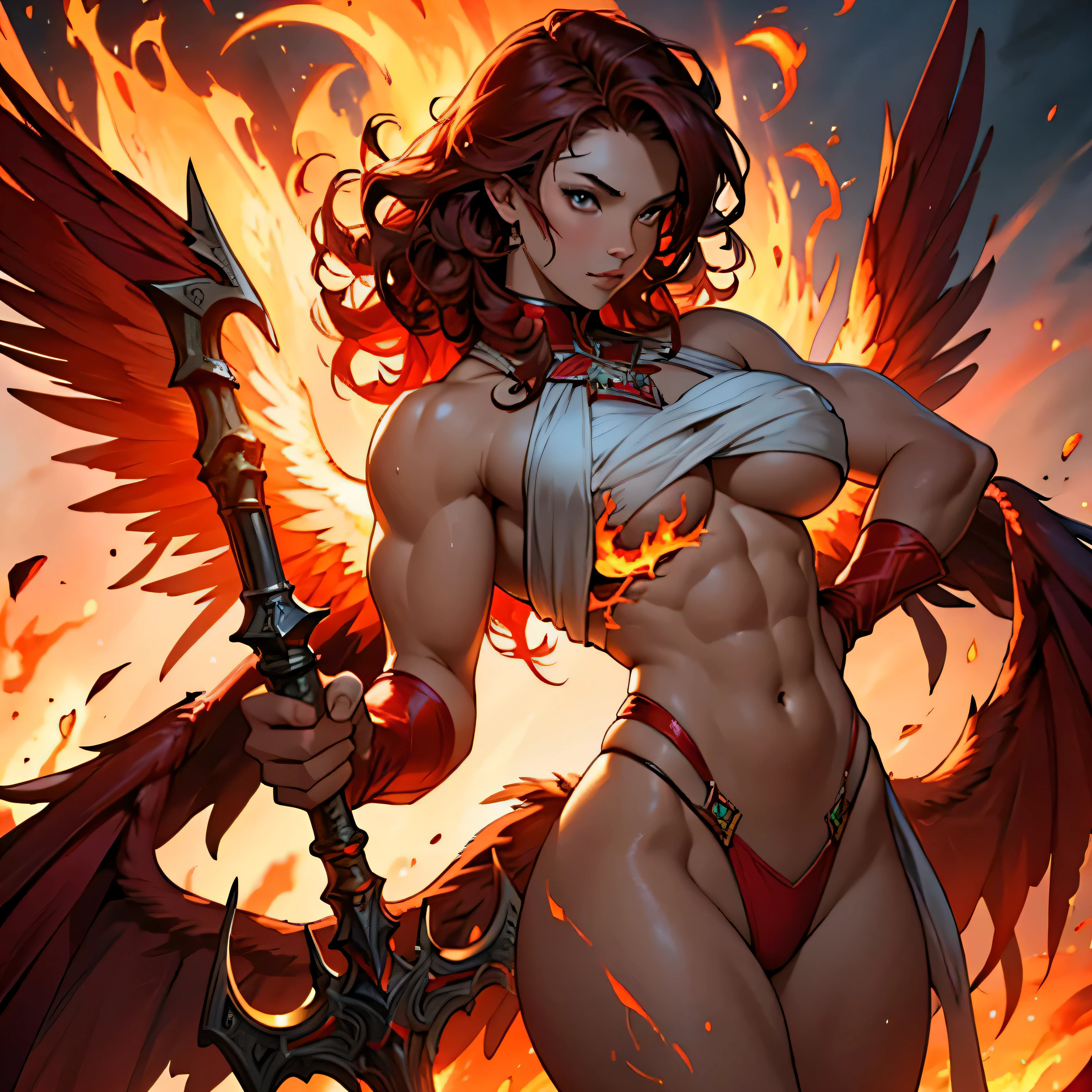 masterpiece, best quality, depth of field, cinematic lighting, perfect , scenery, Red Phoenix humanoid, beautiful female, muscular, flames on body, huge wings, curly hair, flames, fire,  milf, holding a flaming spear