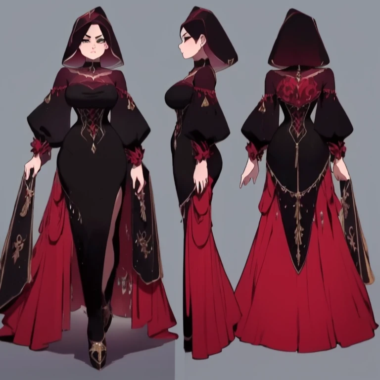 Woman, Princesa con pelo rojo, tiene el pelo rojo, es mujer, woman, Corta, wearing a dress with a corset on top and rubies adorning the dress, wearing dress, usando bailarinas con tacon blancas y un lazo rojo, wearing high heels with red, SOLA, ALONE, (SOLA)(ALONE), has green eyes, (Ojo perfecto) muslos gruesos, Caderas anchas, vestido con corset, super pecho grande, pecho grande (Super pecho), male, es mujer con senos, (tres vistas, cuerpo completo, fondo simple, Multiple views), fondo simple, vista de tres lados, (threeviews,full body,simple background,multiple views),simple background, three sided view.