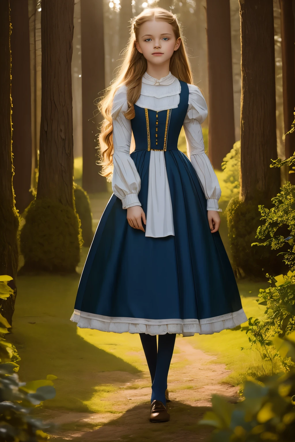 wide angle, detailed reproduction of a forest surrounded by fog up to a height of one meter. clear starry sky with a big full moon, bare trees, winter, two girls, (Virginia Otis, 15 years old (blond hair, blue eyes)) pose with (16 years old Georgie Gerald (blond hair, green eyes)). Victorian style. thin, cute face, walks at night in Canterville Castle (inspired by the novel The Canterville Ghost). aged 1887, Victorian fantasy