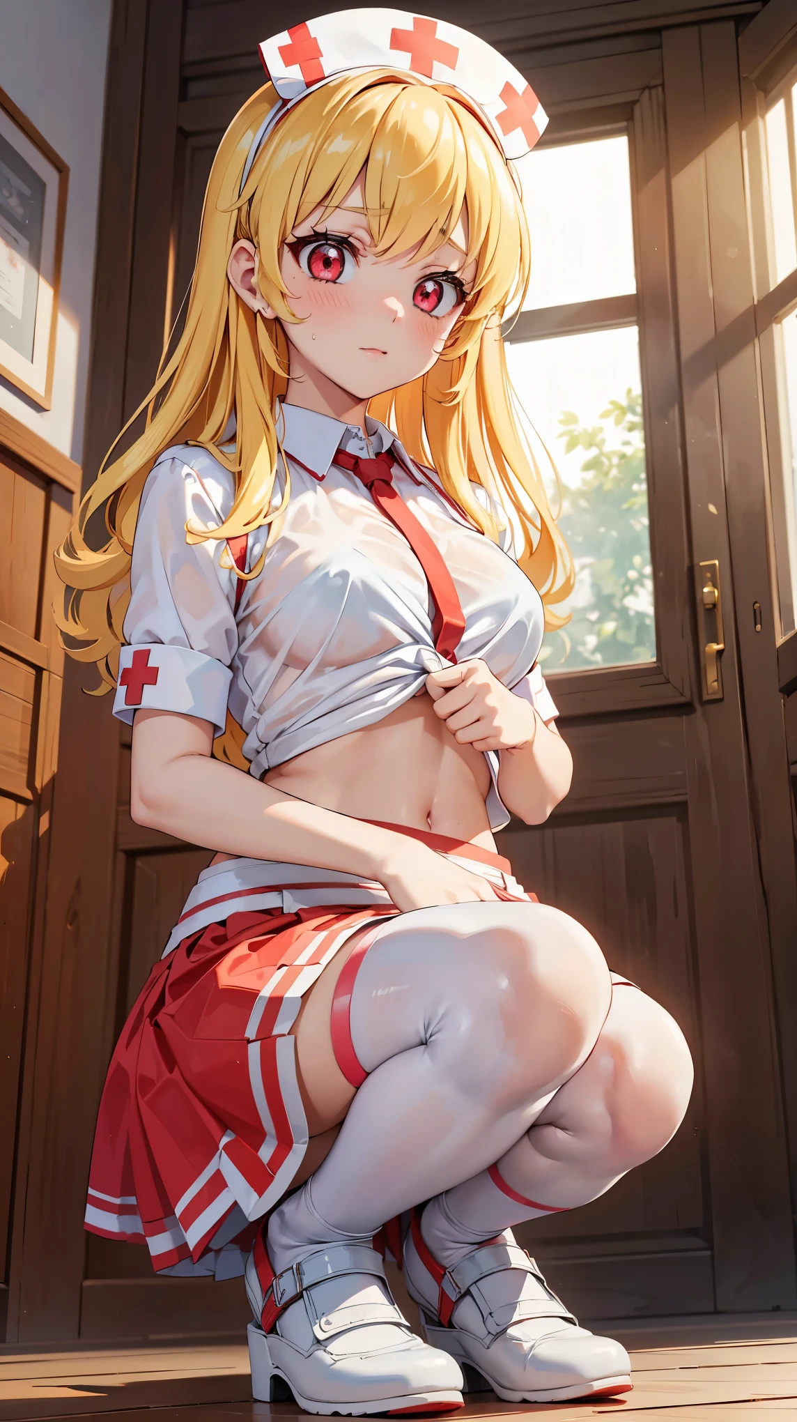 (red ribbon on hairband:1.2),masterpiece, best quality, highres, 1girl, solo, Blonde hair, RED eyes, High resolution, good lighting, , (No nudity), (nurse,white nurse uniform,white shirt:1.3),(open clothes:1.2),(breasts out:1.2),(skirt pulled:1.2),(white thighhighs:1.1),, (((pointy_groin,from below))), (((squatting))), (garter belt), abdomen only, (),  ,  cute face,embarrassed and blush, humiliating, ((See-through))()(T-back)(a large amount of  is on the body,)