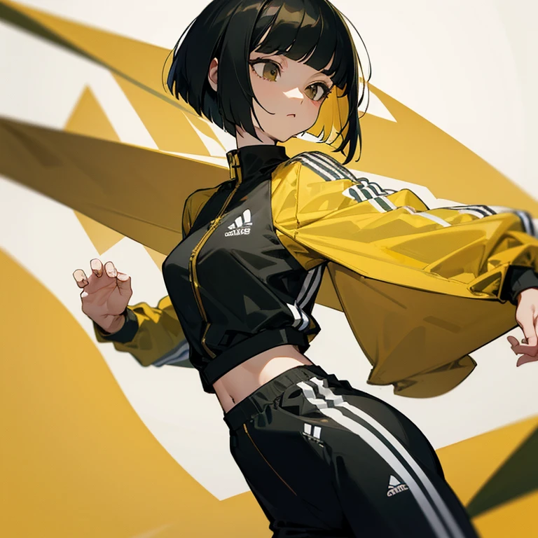 masterpiece、delicate details、tracksuit、Adidas Clothing、Athletics part、Slender beauty、Bangs Patsun、Cropped bob cut、Black to gold gradation hair、athlete