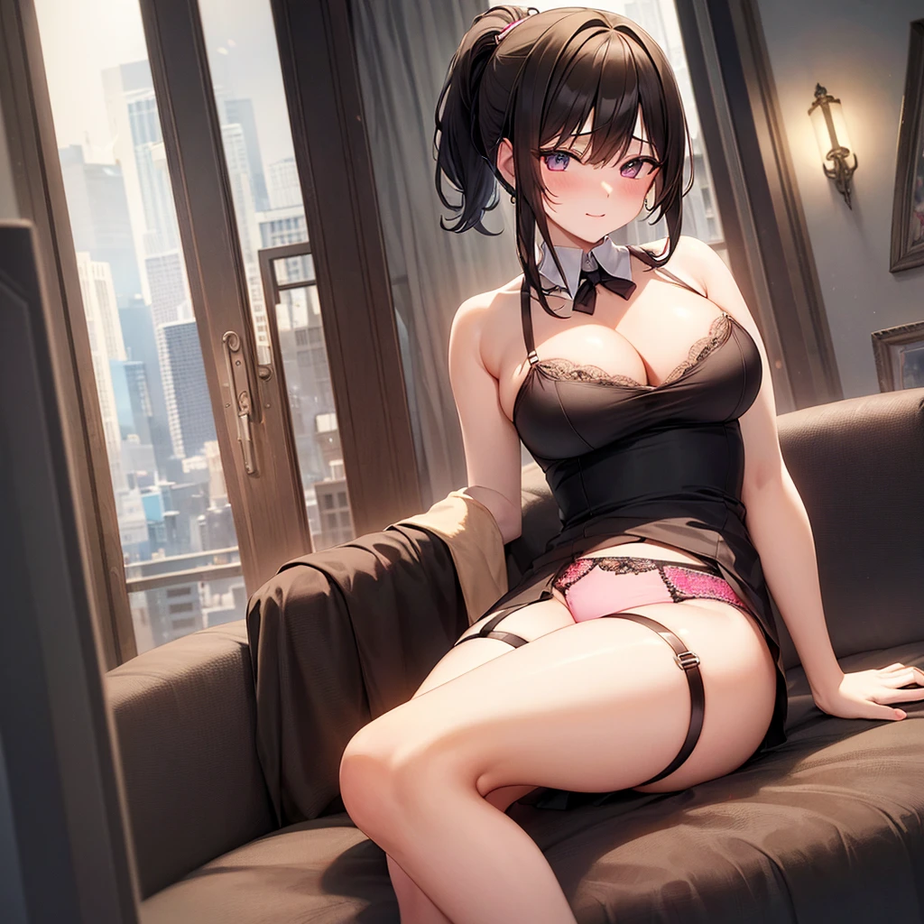 middle age girl1 person、You can see skyscrapers from the window、President's Office、president's secretary、ponytail、night、business suit、white blouse、Tight Skirt、garter stockings、spread your legs、show off、exposed chest、pink nipples、an inviting face、I feel like having sex、Top and bottom set underwear、sexy panties