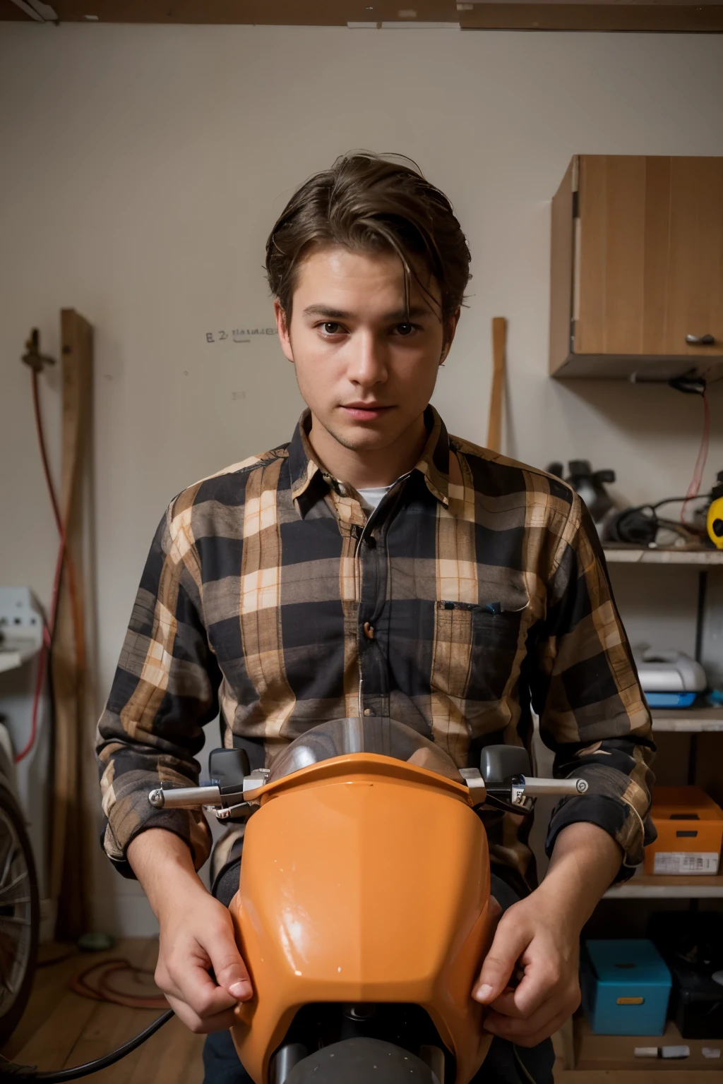 ((repair of children's electric vehicles)) , ((man in a checkered orange shirt)), ((Best quality)), ((masterpiece)), (detailed), perfect face