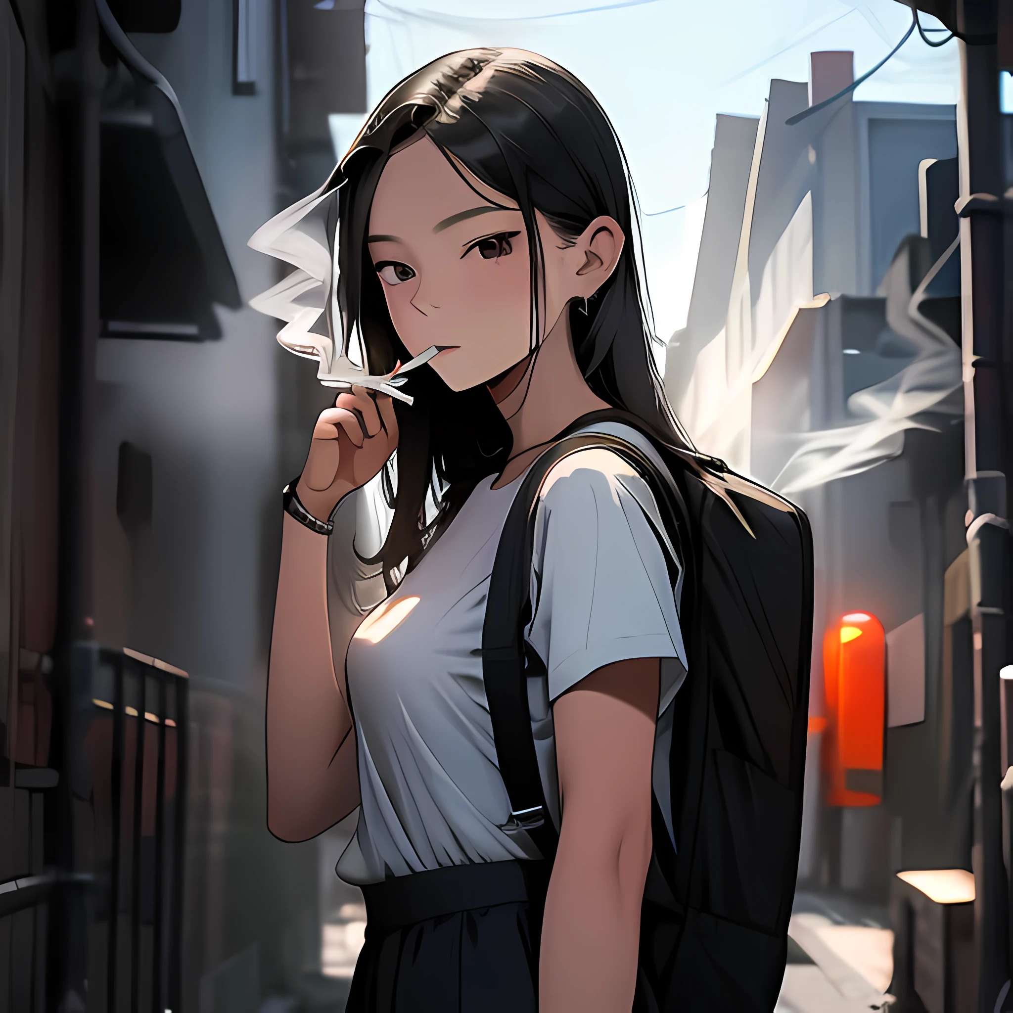 Student, uniform, smoking, white shirt, tie, rebel, slim, backpack, a lot of smoke, flat, black skirt, pretty face, beautiful, long hair, face focus, pretty face, half closed eyes, relaxed