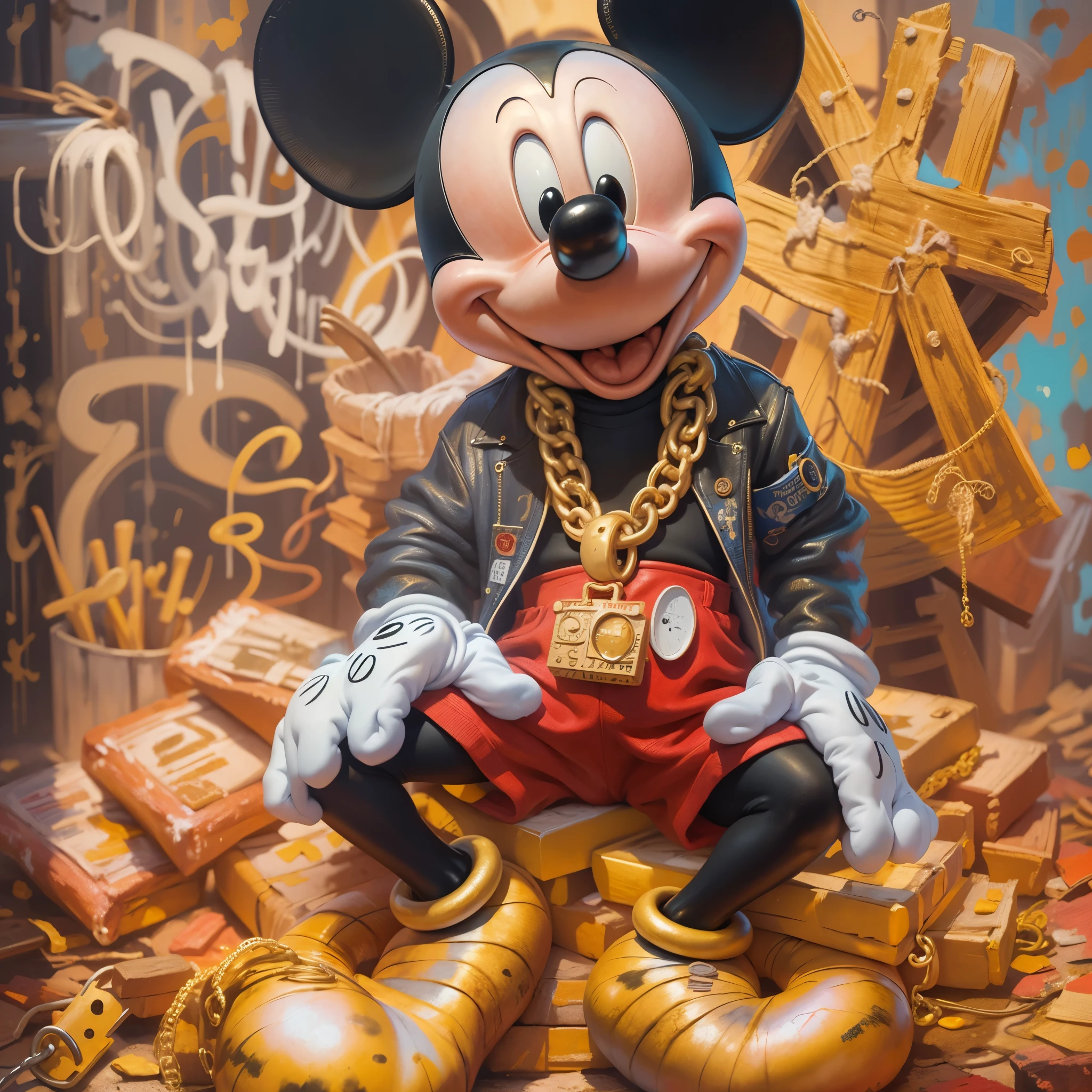 Mickey Mouse with gold bars and a chain around his neck, Mickey Mouse, portrait of Mickey Mouse, arte no estilo da Disney, ( ( ( Mickey Mouse ) ) ), arte da disney, arte da disneyist, arte vibrante dos desenhos animados, por artista, feito de ouro, obra-prima cara, arte paga, extraordinary masterpiece!!!!!!, high quality works of art, obra-prima vencedora do concurso ultra realista em 128k Multi colorida. O 