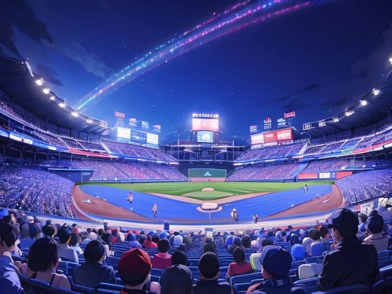 ((highest quality)), A packed audience waving blue glow sticks、baseball stadium、Outfield seats、Night games、Relief car、flying blue light、Particle Effects