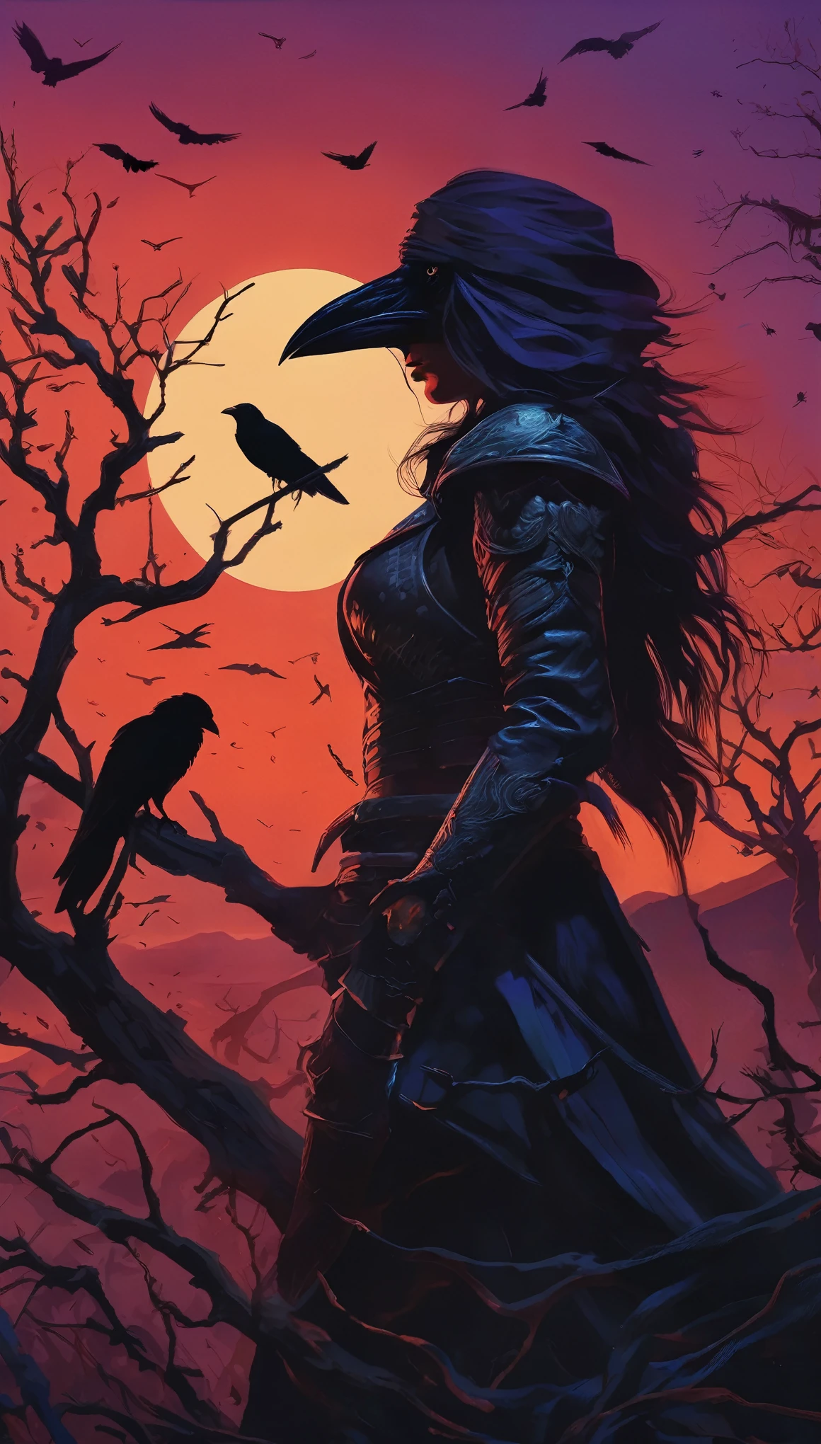 An abstraction of horror in a fantasy world where a woman warrior's body is ripped open by a crows, and the crow emerges from the woman warrior's gut. The horrifying scene is intensified by the woman's terrifying scream of agony. Medium: Dark and surrealistic illustrations Additional details: A moonlit sky with eerie shades of purple and blue, twisted trees with gnarled branches, a trail of blood tracing the path of the crow's escape, the warrior's torn armor scattered on the ground. Image quality: (best quality, 4k, highres, masterpiece:1.2), ultra-detailed, (realistic, photorealistic, photo-realistic:1.37) Art style: Horror, surrealism Color palette: Dark and gloomy colors with stark contrasts Lighting: Soft moonlight casting eerie shadows, with a faint glow surrounding the crow.