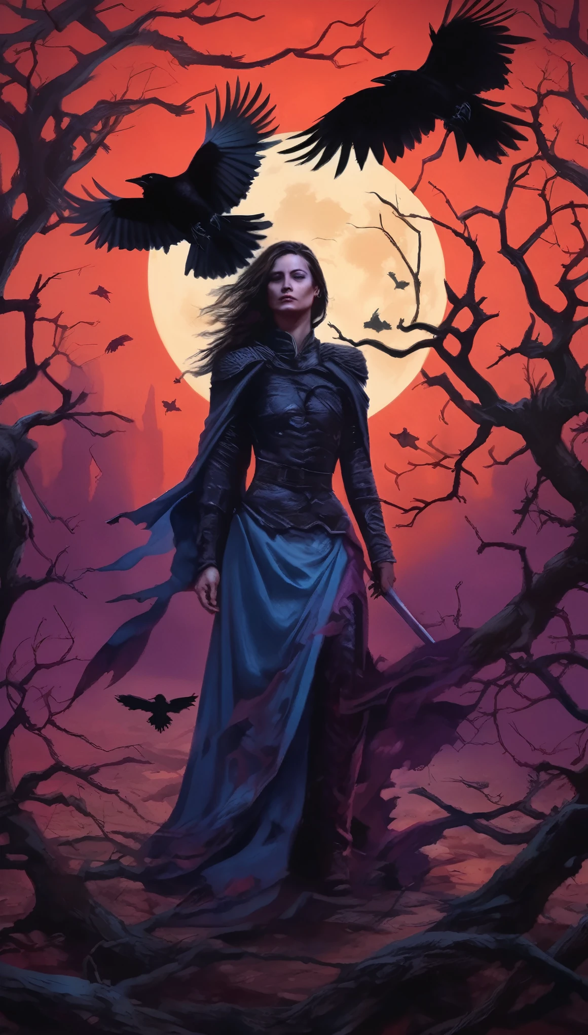 An abstraction of horror in a fantasy world where a woman warrior's body is ripped open by a crows, and the crow emerges from the woman warrior's gut. The horrifying scene is intensified by the woman's terrifying scream of agony. Medium: Dark and surrealistic illustrations Additional details: A moonlit sky with eerie shades of purple and blue, twisted trees with gnarled branches, a trail of blood tracing the path of the crow's escape, the warrior's torn armor scattered on the ground. Image quality: (best quality, 4k, highres, masterpiece:1.2), ultra-detailed, (realistic, photorealistic, photo-realistic:1.37) Art style: Horror, surrealism Color palette: Dark and gloomy colors with stark contrasts Lighting: Soft moonlight casting eerie shadows, with a faint glow surrounding the crow.